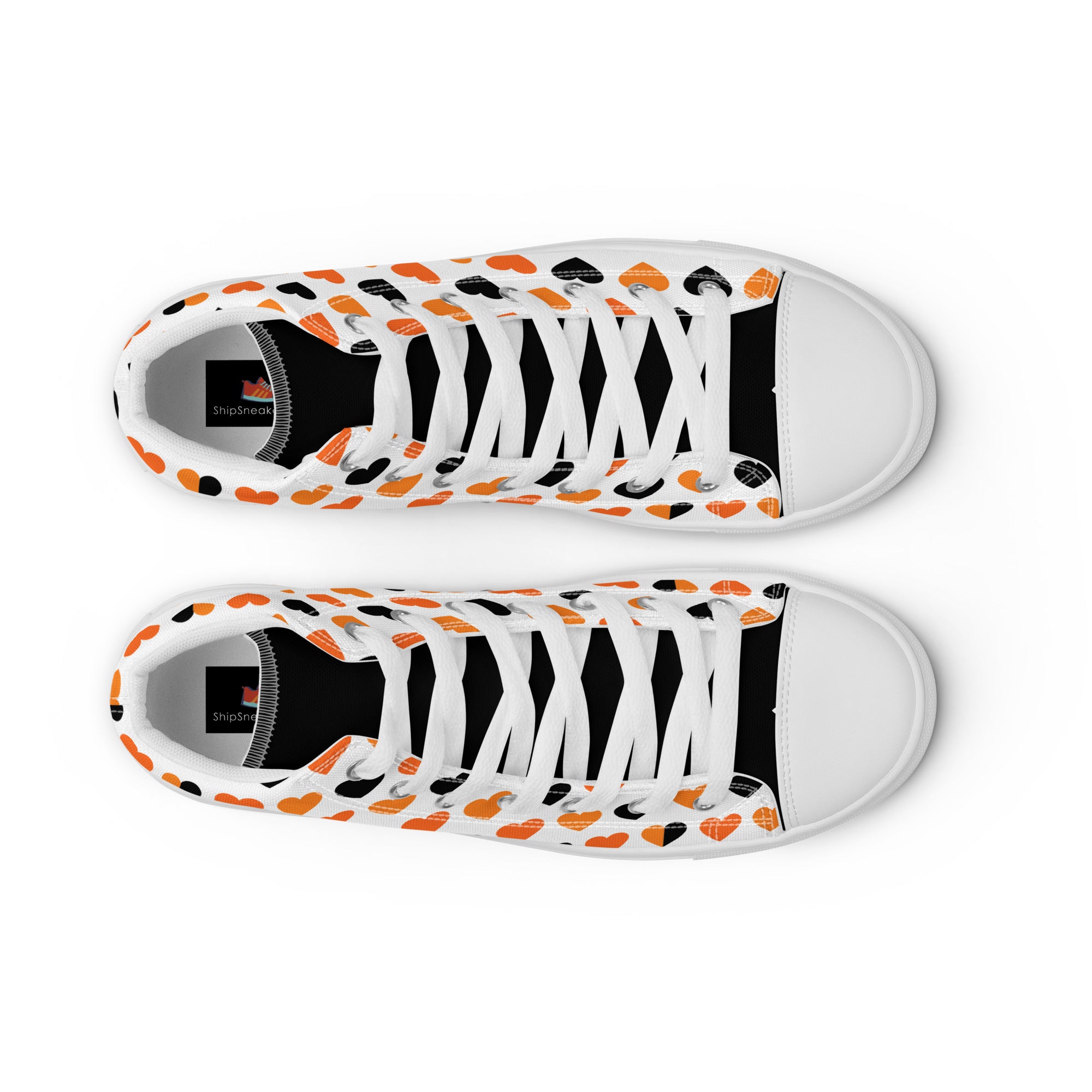 Men’s Heart High-Top Sneakers, Orange and Black, Canvas Casual Shoes