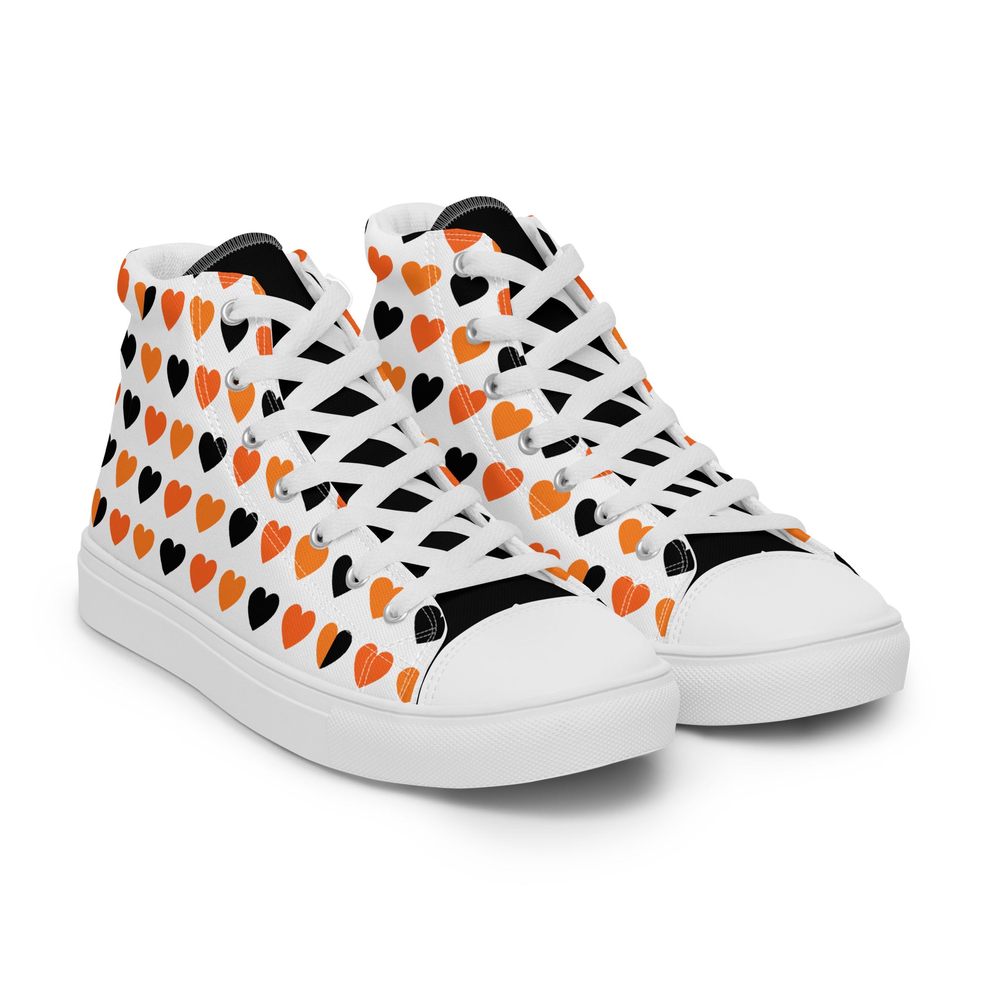 Men’s Heart High-Top Sneakers, Orange and Black, Canvas Casual Shoes