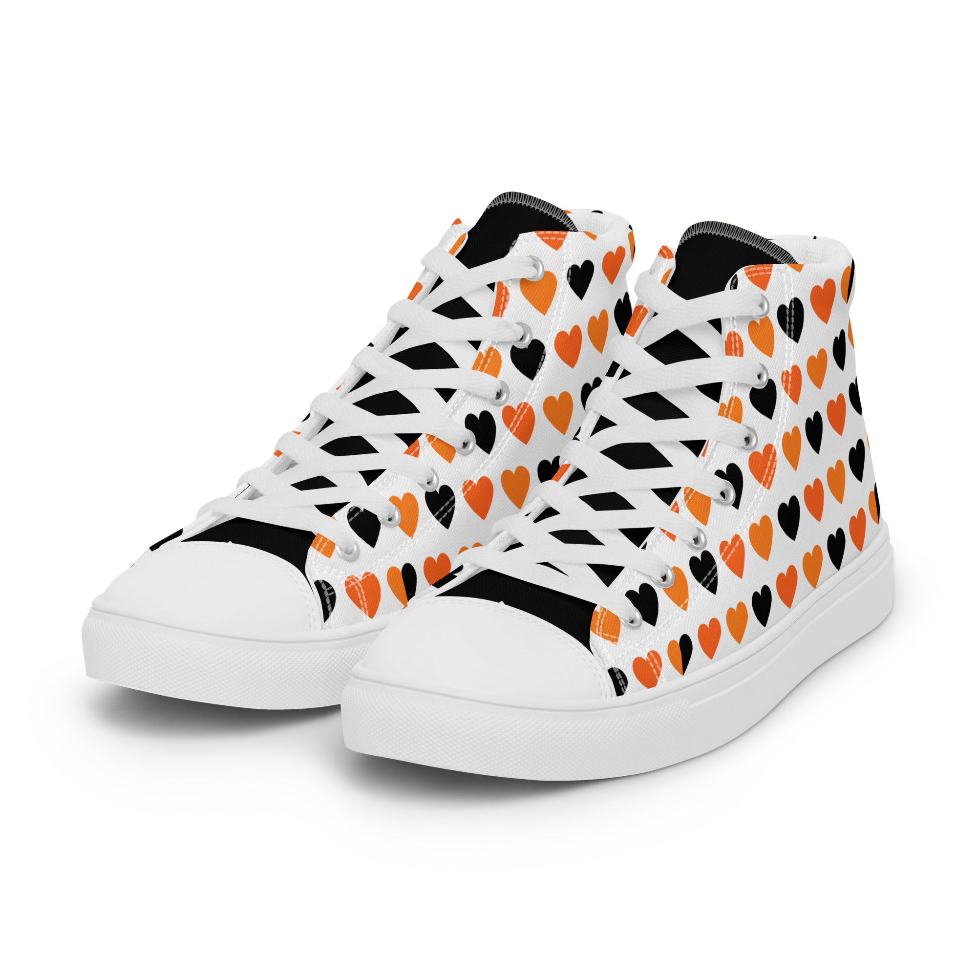 Men’s Heart High-Top Sneakers, Orange and Black, Canvas Casual Shoes