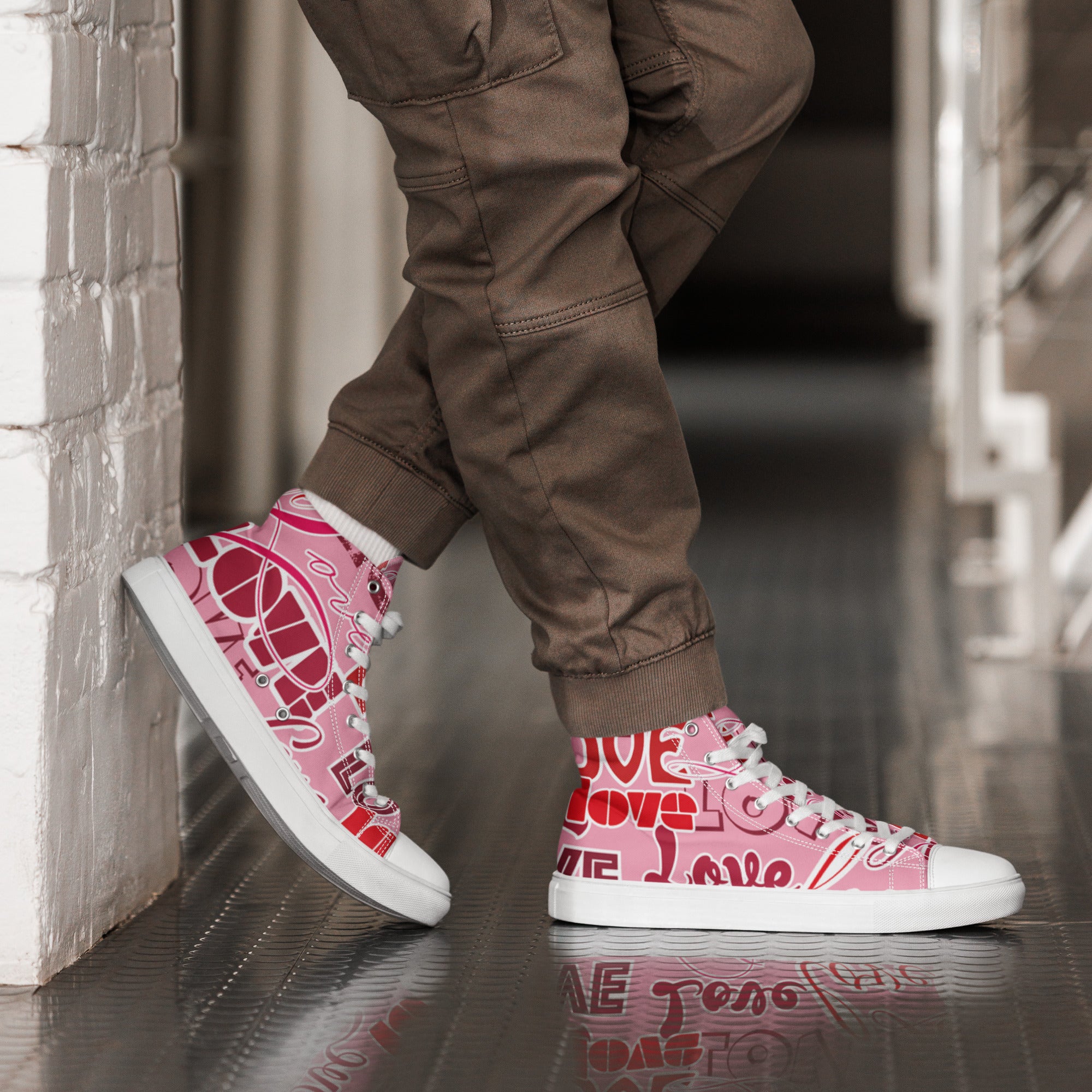 Men’s “Love” Print High-Top Sneakers, Pink Canvas Casual Shoes