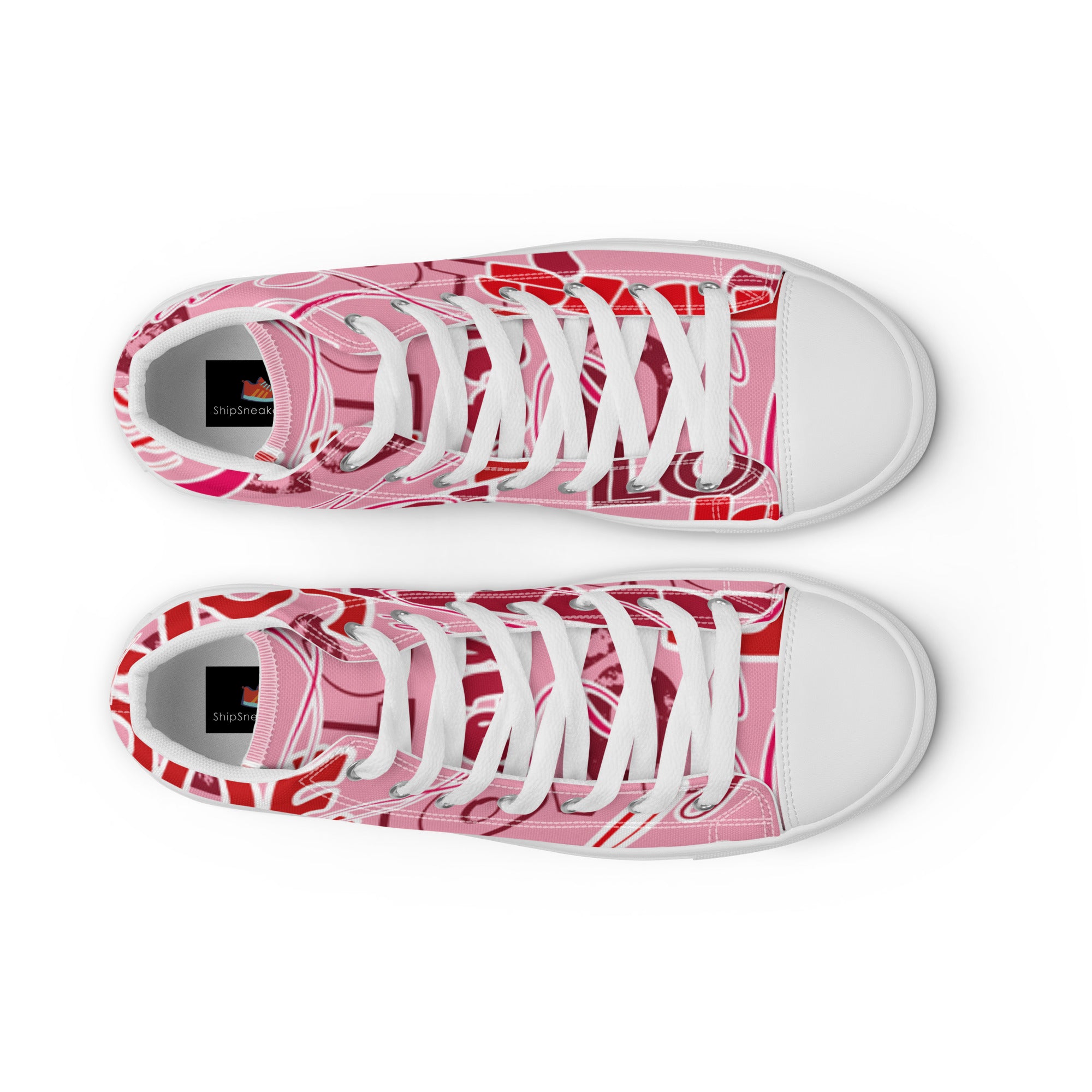 Men’s “Love” Print High-Top Sneakers, Pink Canvas Casual Shoes