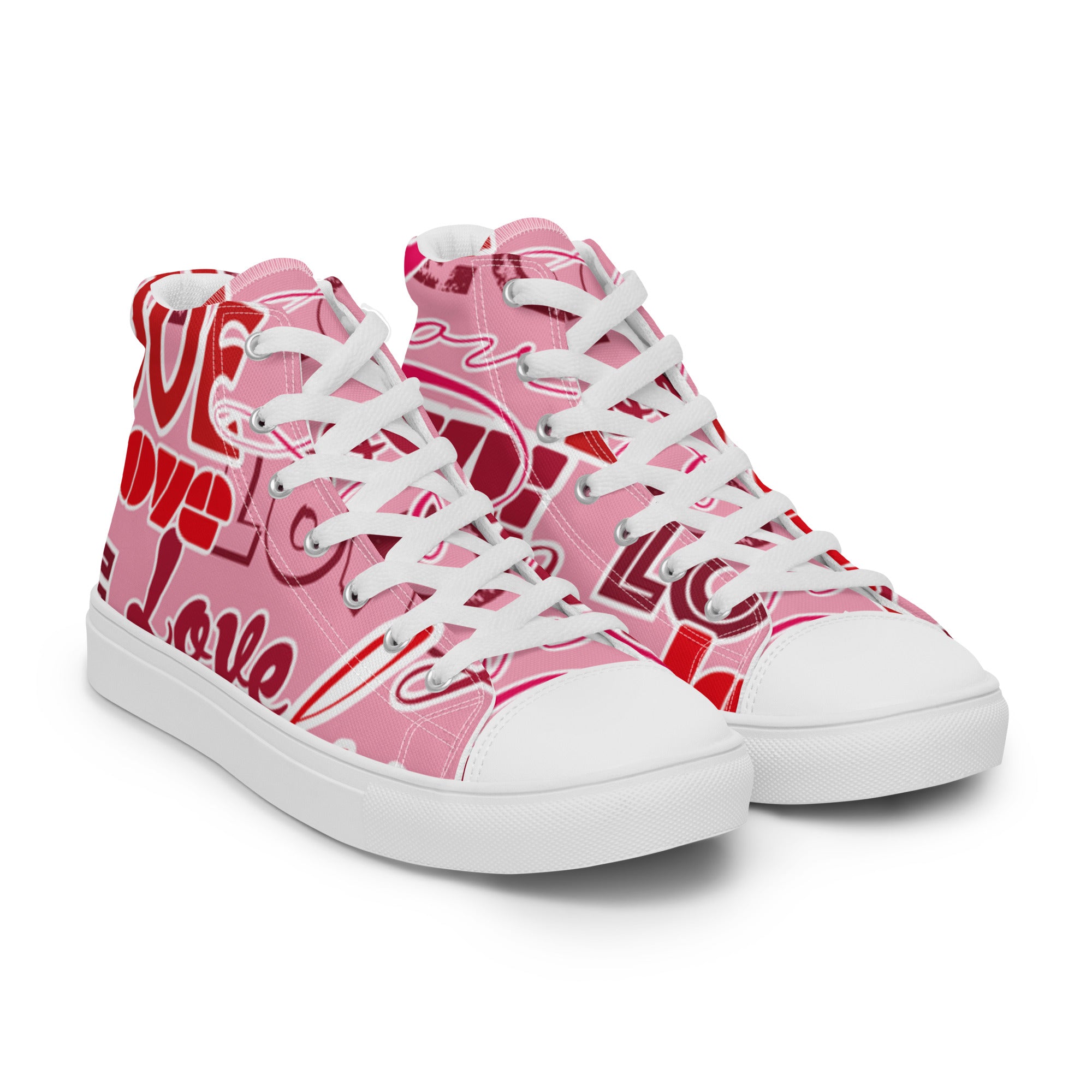 Men’s “Love” Print High-Top Sneakers, Pink Canvas Casual Shoes