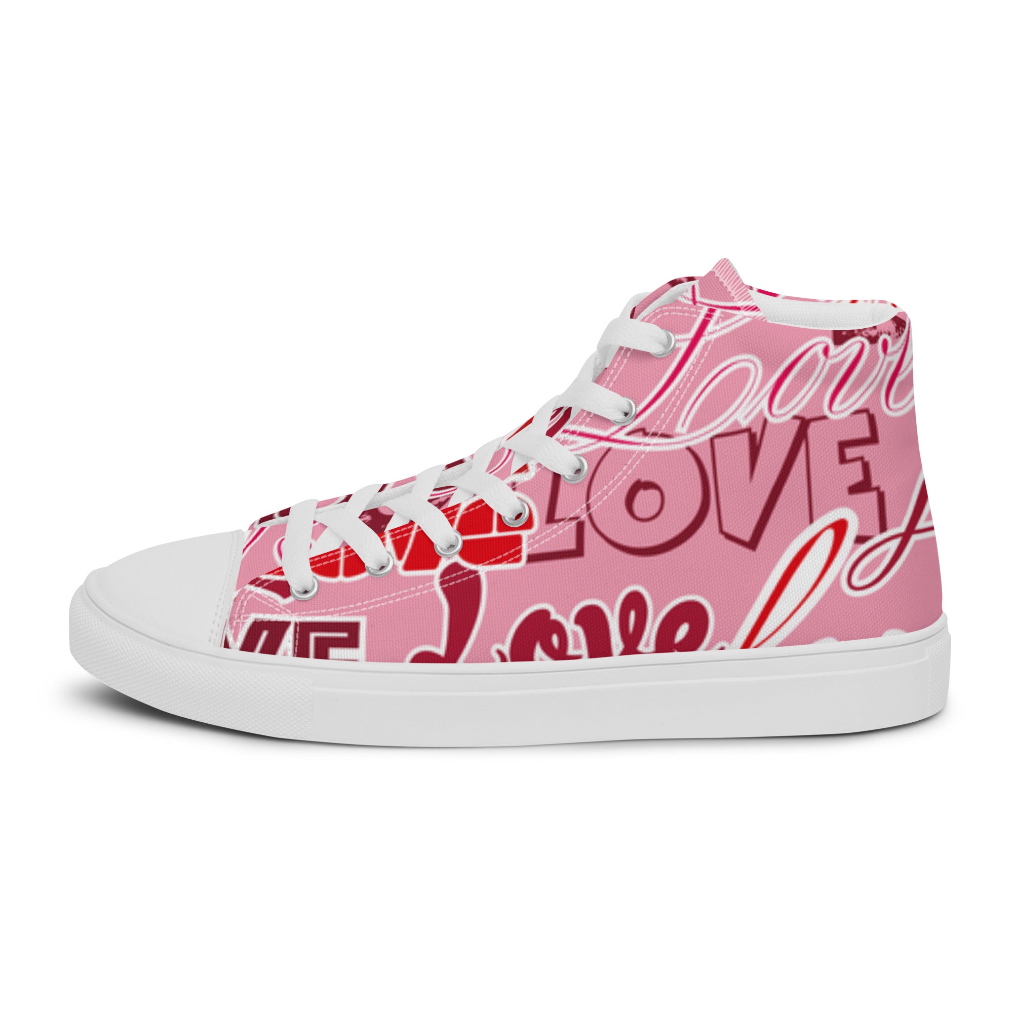 Men’s “Love” Print High-Top Sneakers, Pink Canvas Casual Shoes