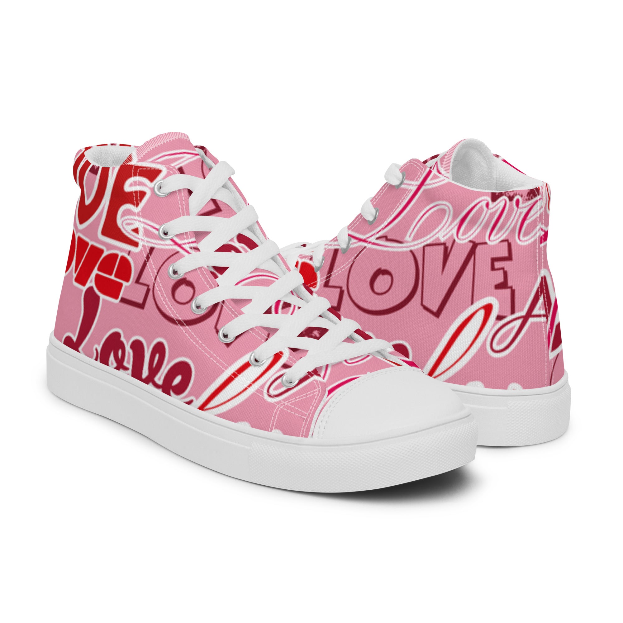 Men’s “Love” Print High-Top Sneakers, Pink Canvas Casual Shoes