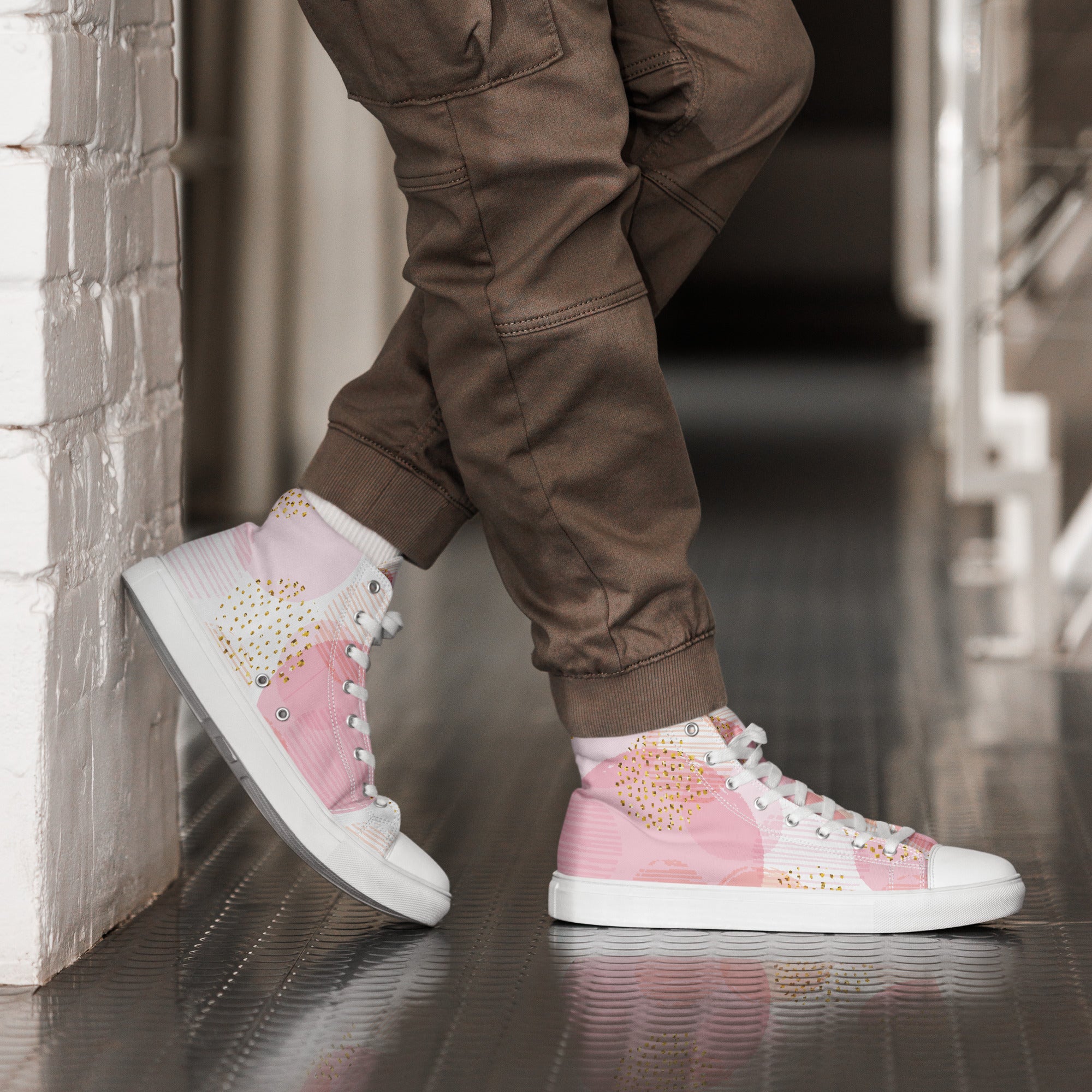 Men’s Pastel High-Tops, Pink and Gold Abstract Design, Breathable Canvas