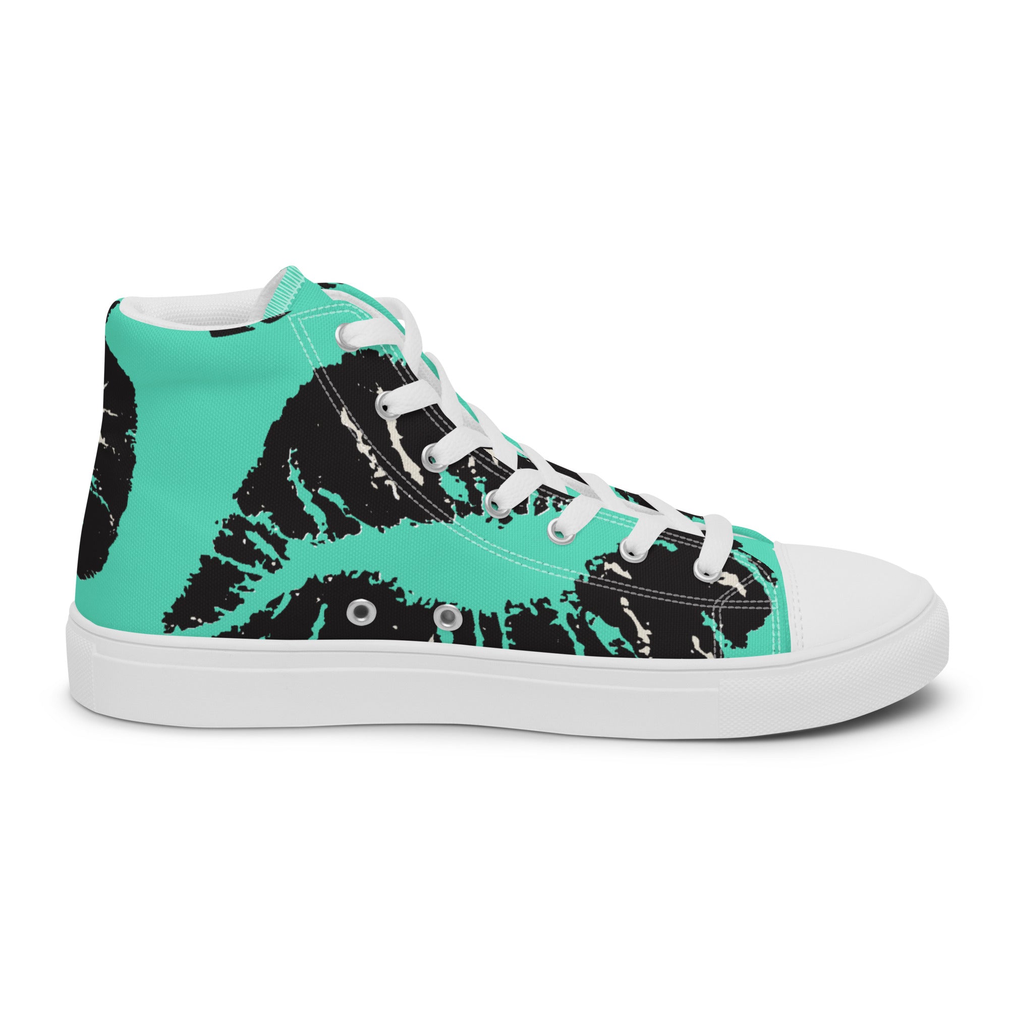 Men’s Lip Print High-Top Sneakers, Teal and Black, Canvas Casual Shoes