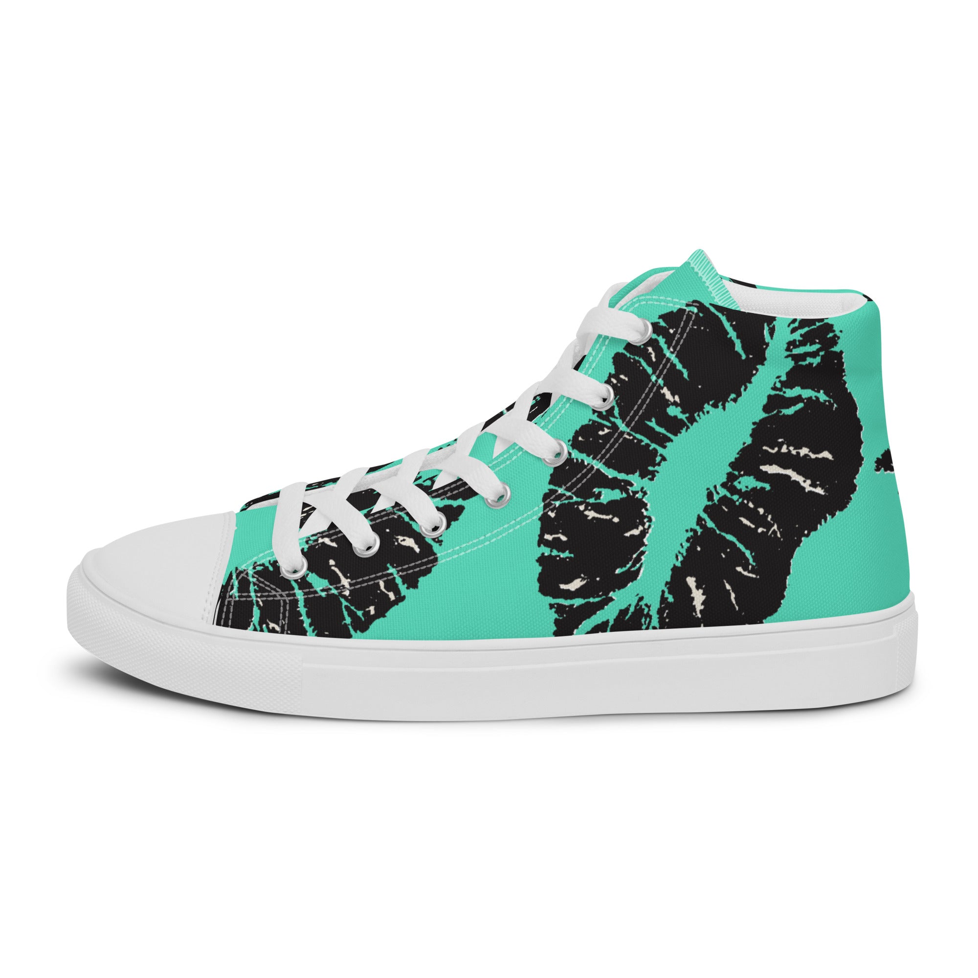 Men’s Lip Print High-Top Sneakers, Teal and Black, Canvas Casual Shoes