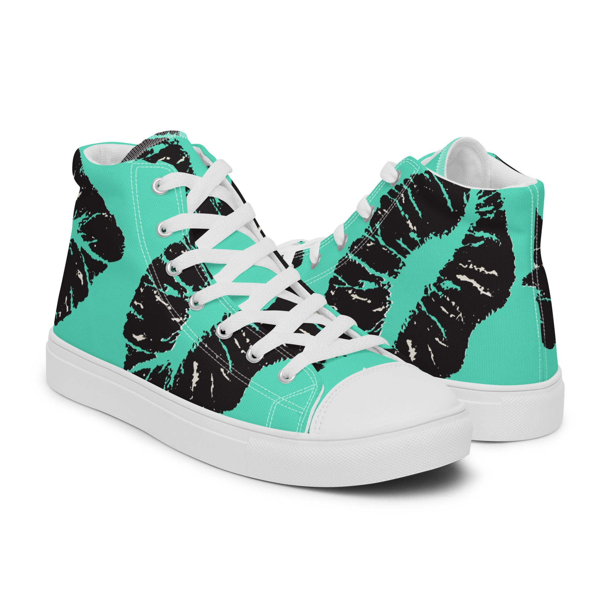 Men’s Lip Print High-Top Sneakers, Teal and Black, Canvas Casual Shoes