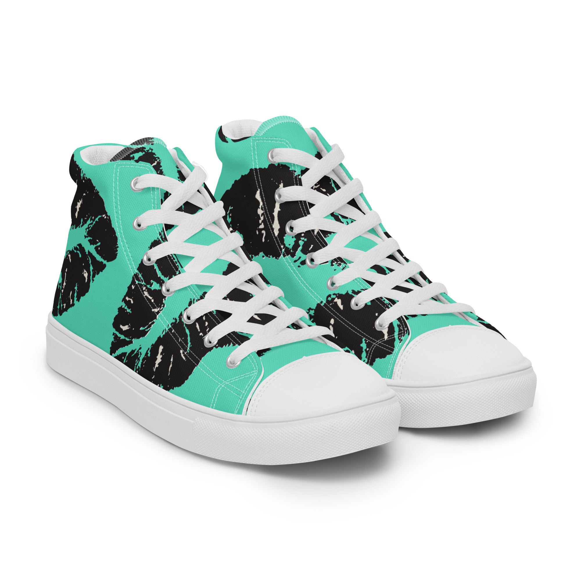 Men’s Lip Print High-Top Sneakers, Teal and Black, Canvas Casual Shoes