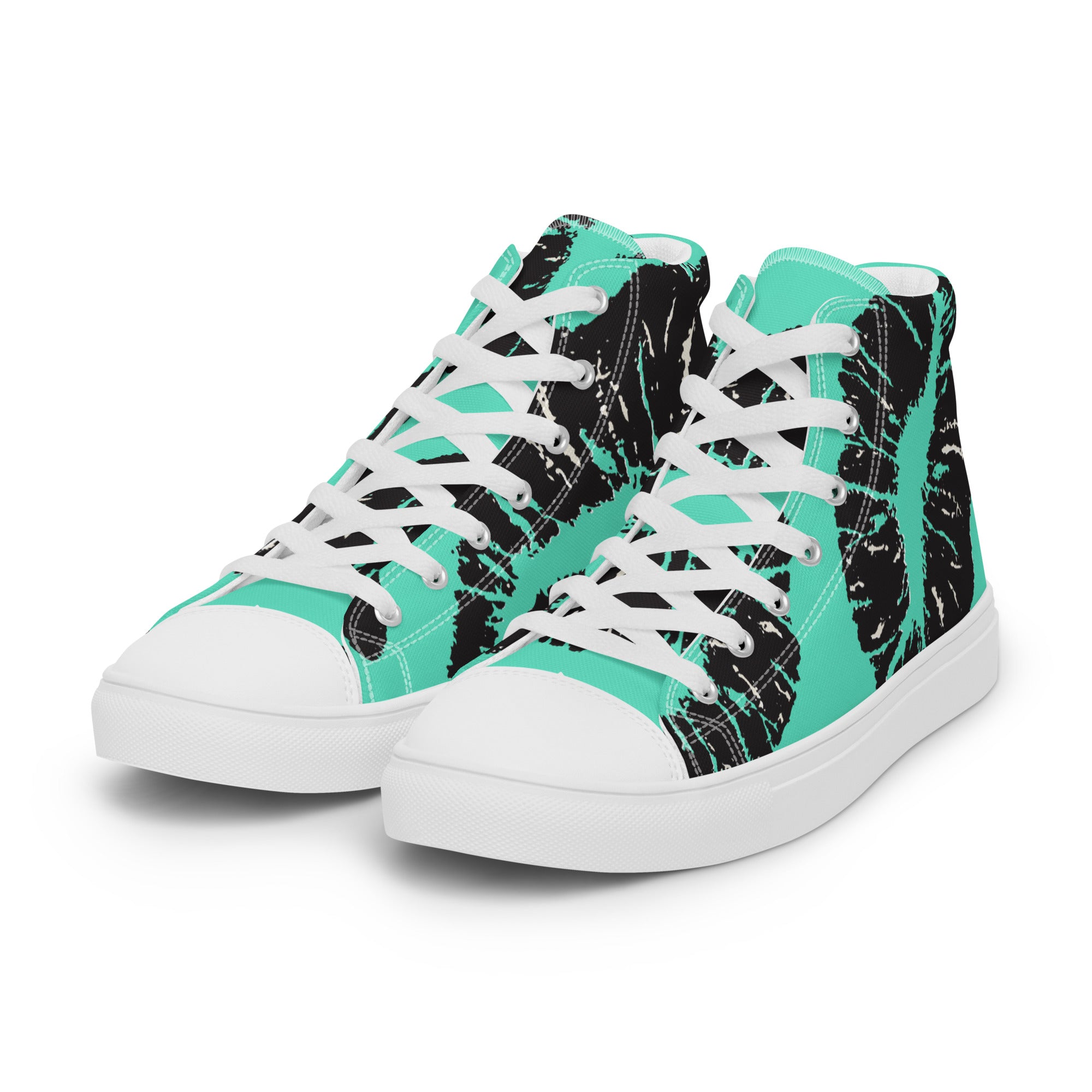 Men’s Lip Print High-Top Sneakers, Teal and Black, Canvas Casual Shoes