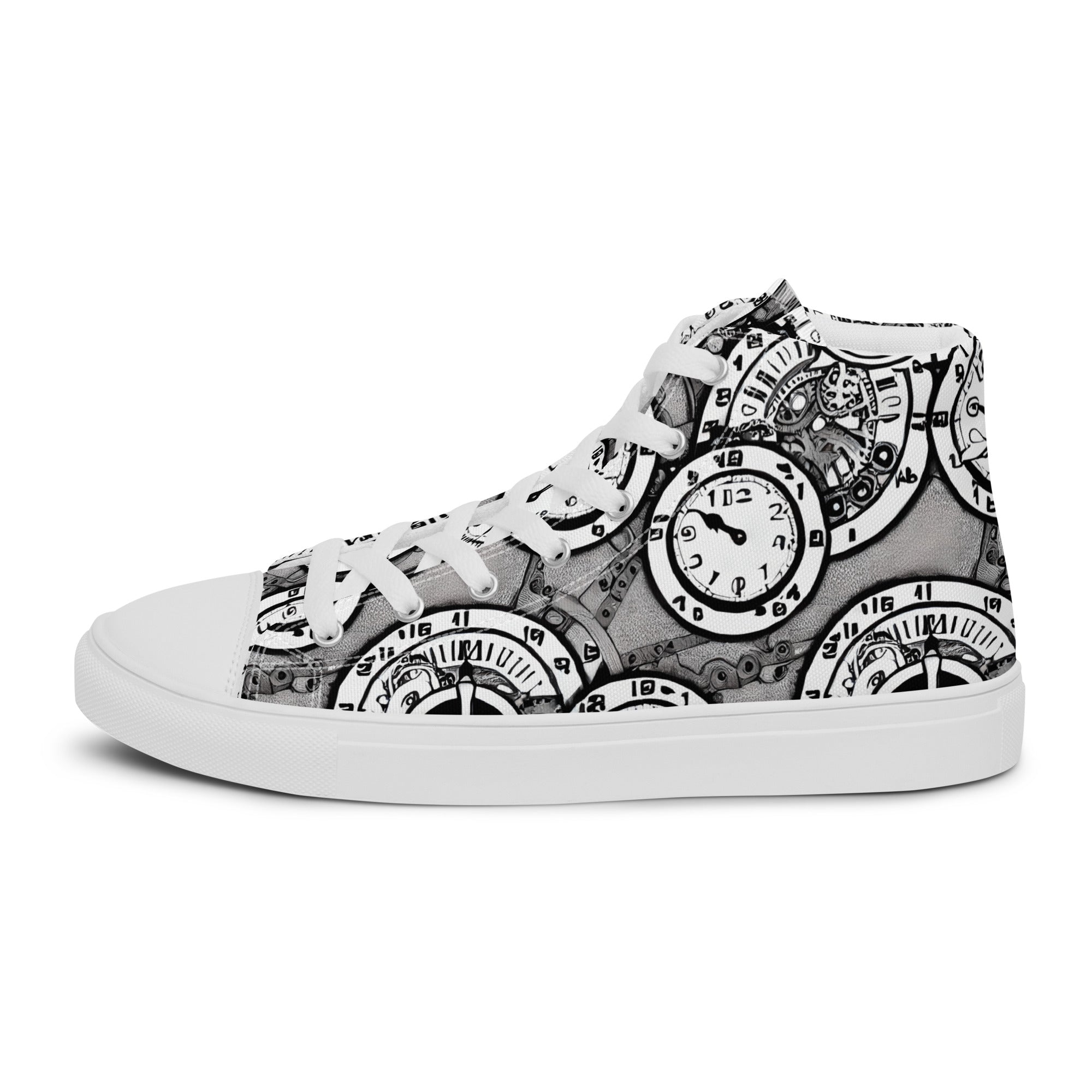 Monochrome Clockwork High-Top Sneakers – Steampunk-Inspired Footwear for Everyday WearMonochrome Clockwork High-Top Sneakers – Steampunk-Inspired Footwear for Everyday Wear