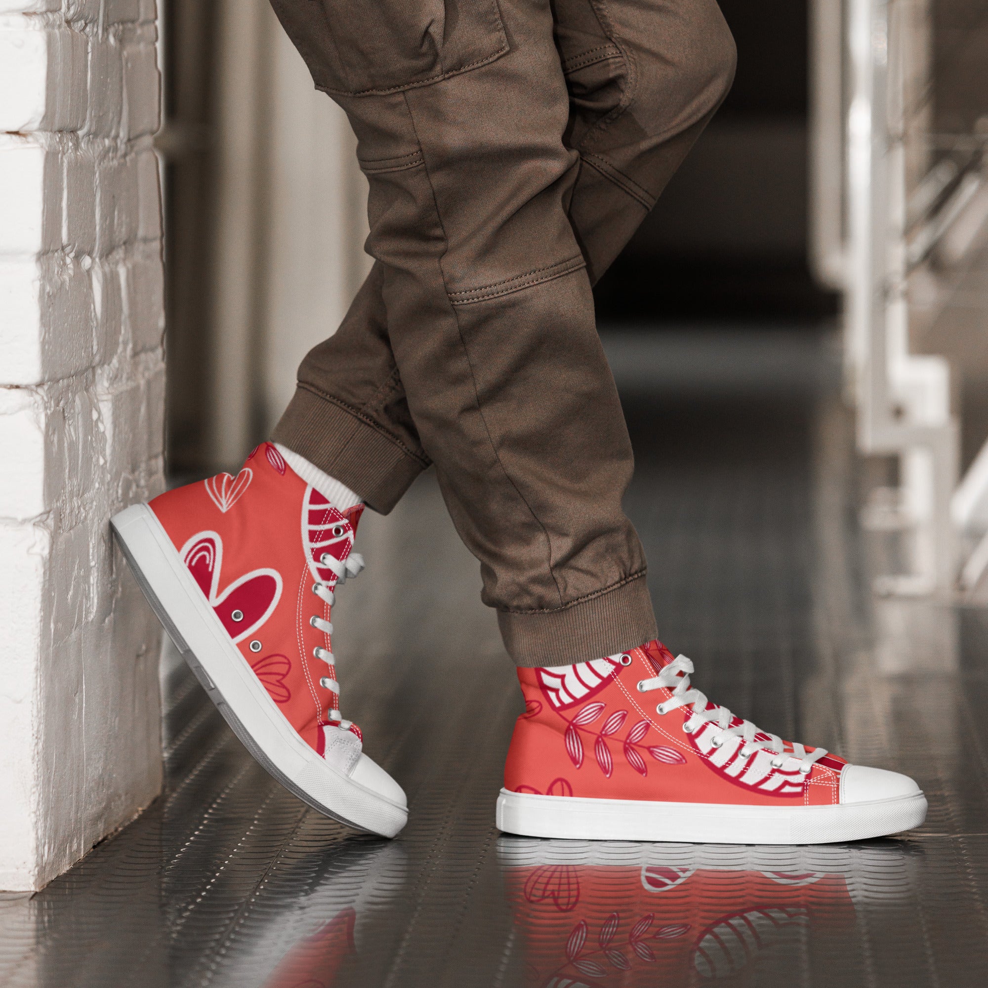 Men’s Heart & Vine High-Top Sneakers, Coral Canvas Casual Shoes