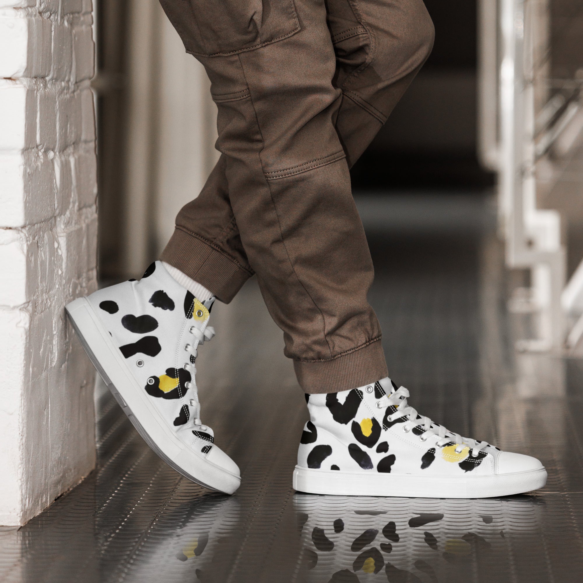 Men’s Statement High-Tops, Leopard Print, White and Yellow, Canvas Shoes