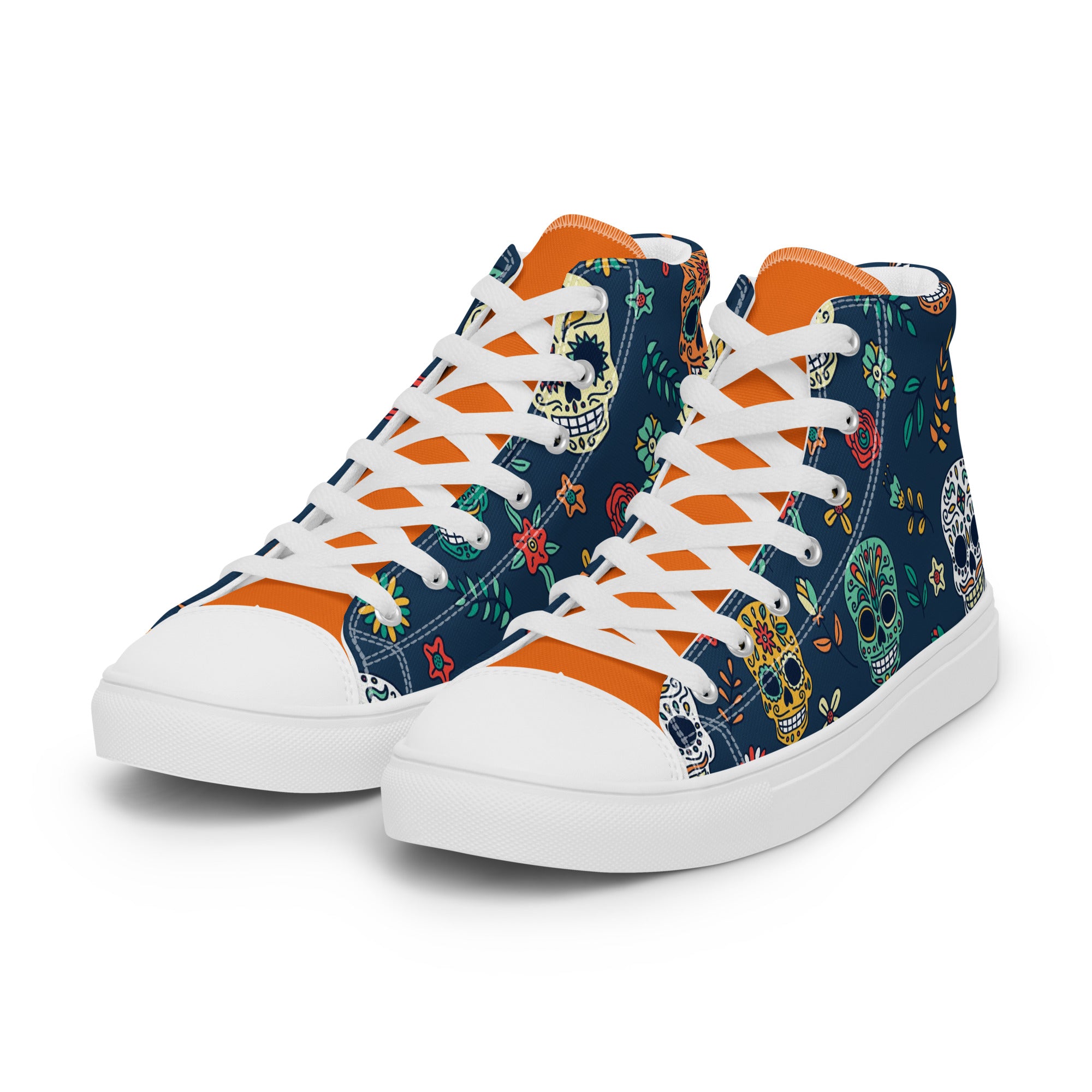 Men’s Sugar Skull High-Top Sneakers, Day of the Dead Canvas Casual Shoes