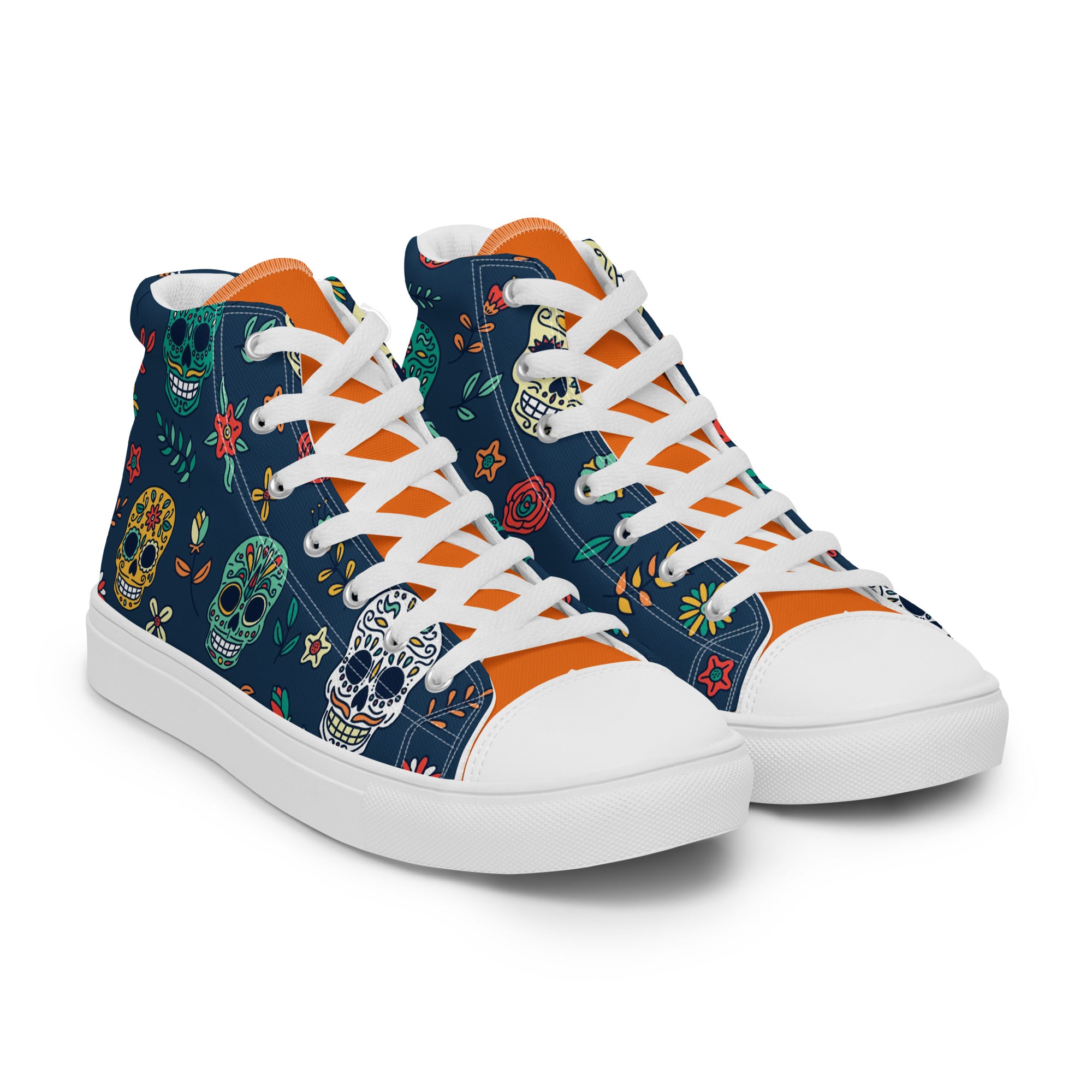 Men’s Sugar Skull High-Top Sneakers, Day of the Dead Canvas Casual Shoes