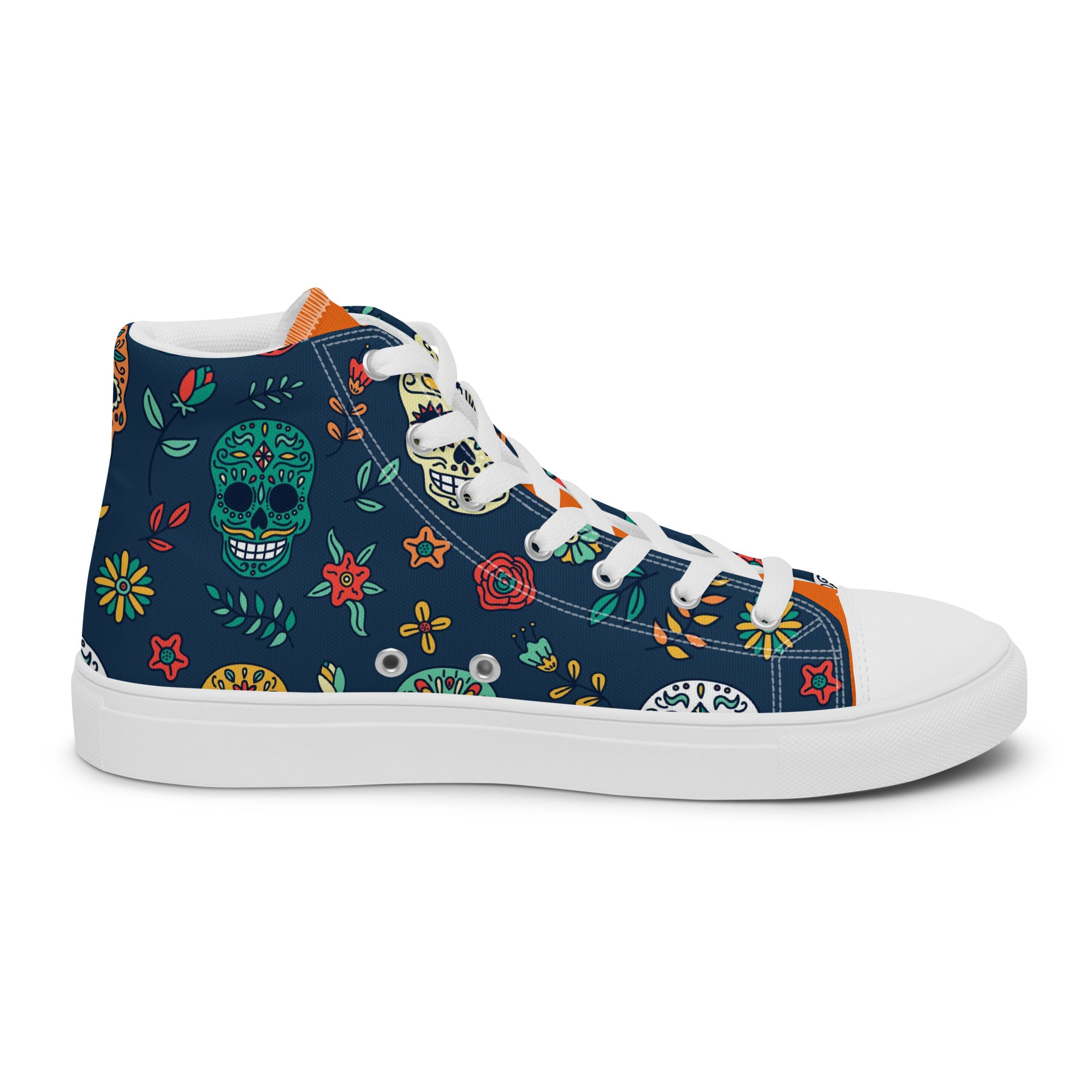 Men’s Sugar Skull High-Top Sneakers, Day of the Dead Canvas Casual Shoes