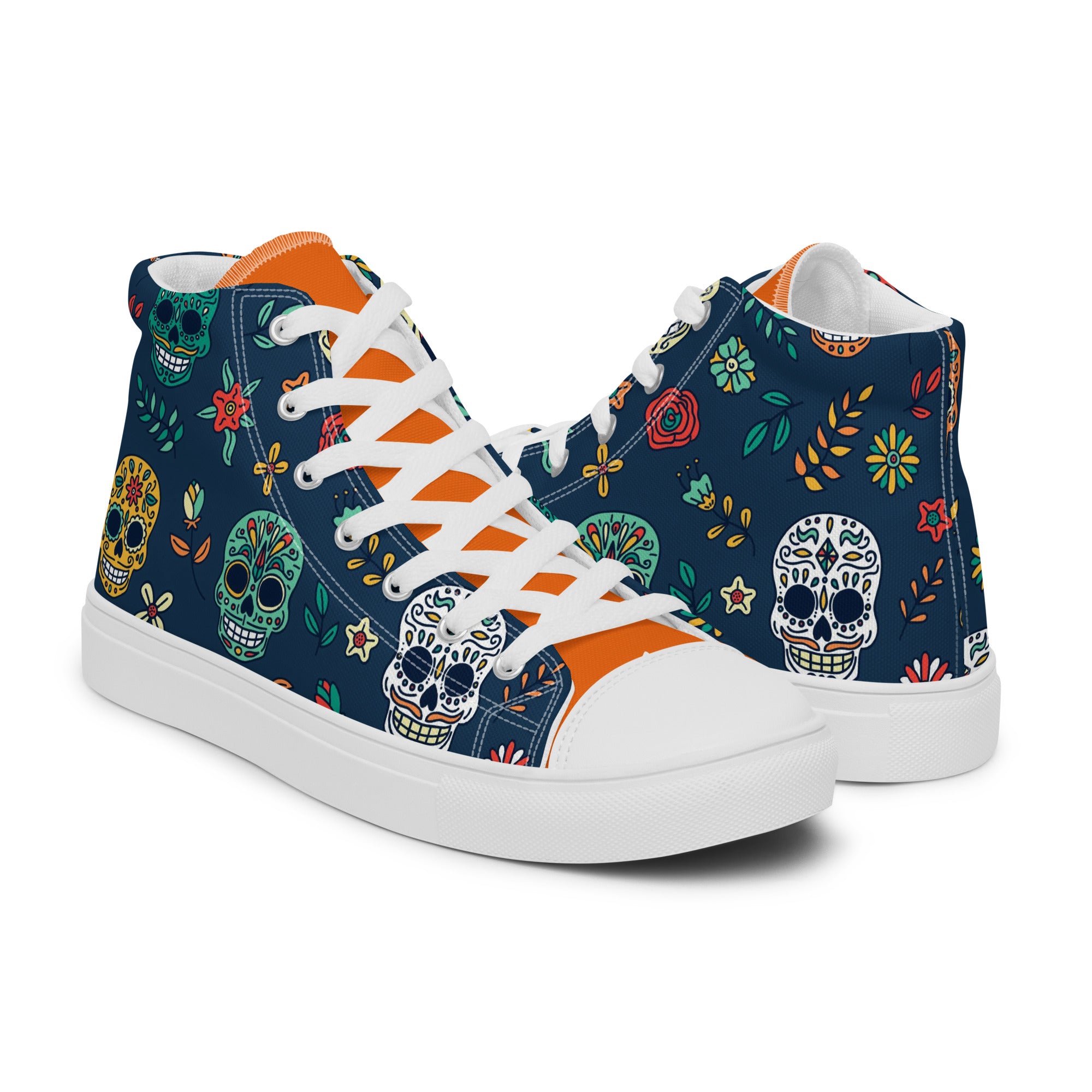 Men’s Sugar Skull High-Top Sneakers, Day of the Dead Canvas Casual Shoes