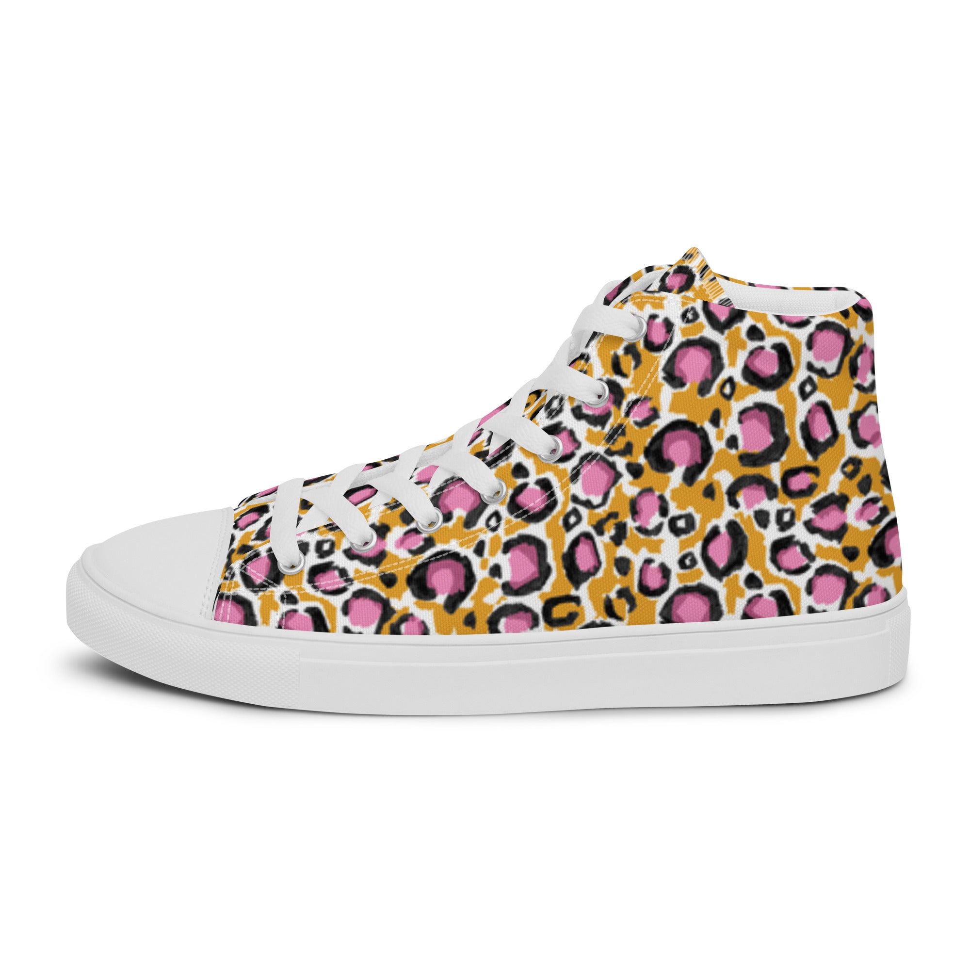 Men’s Leopard Print High-Top Sneakers, Gold & Pink, Canvas Casual Shoes