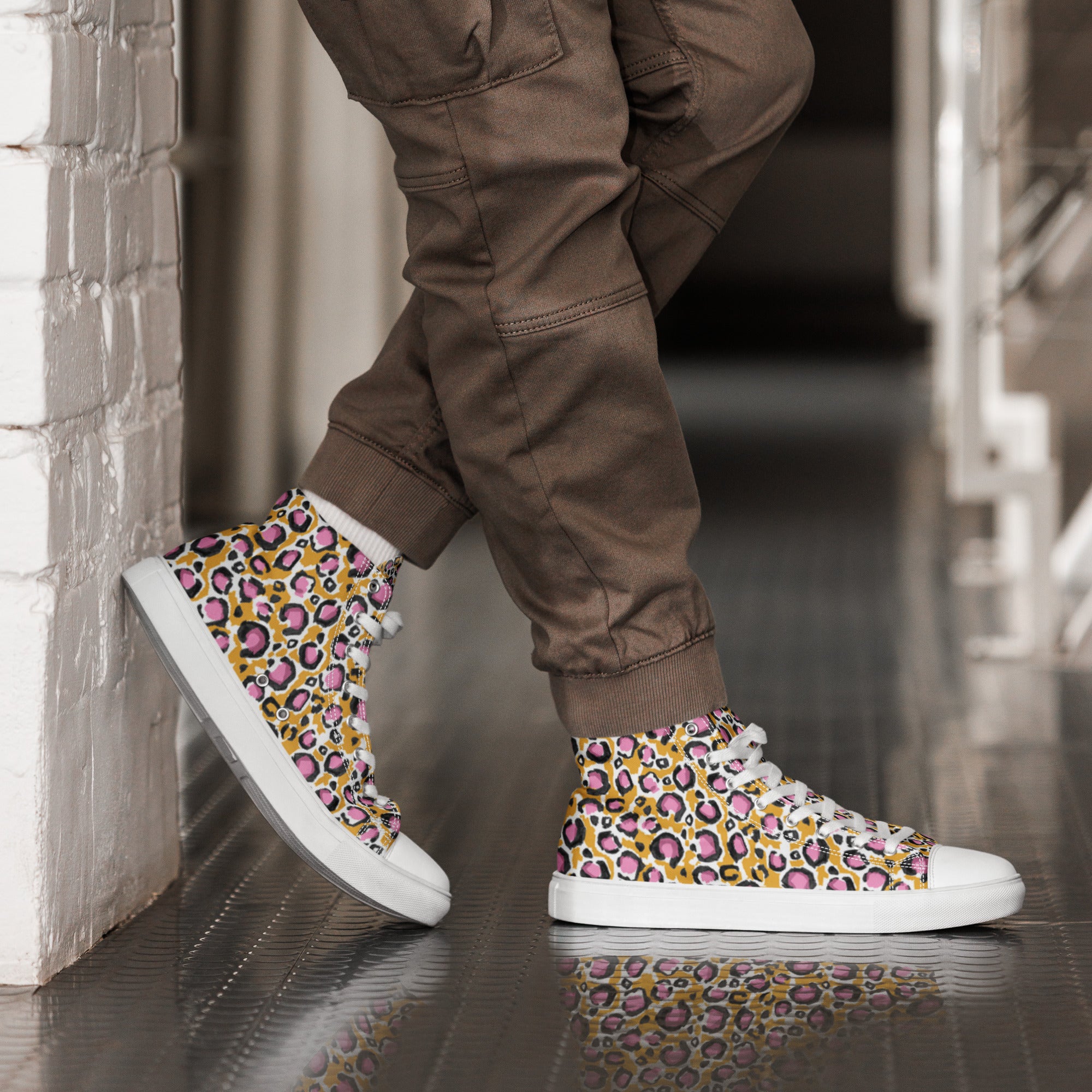 Men’s Leopard Print High-Top Sneakers, Gold & Pink, Canvas Casual Shoes