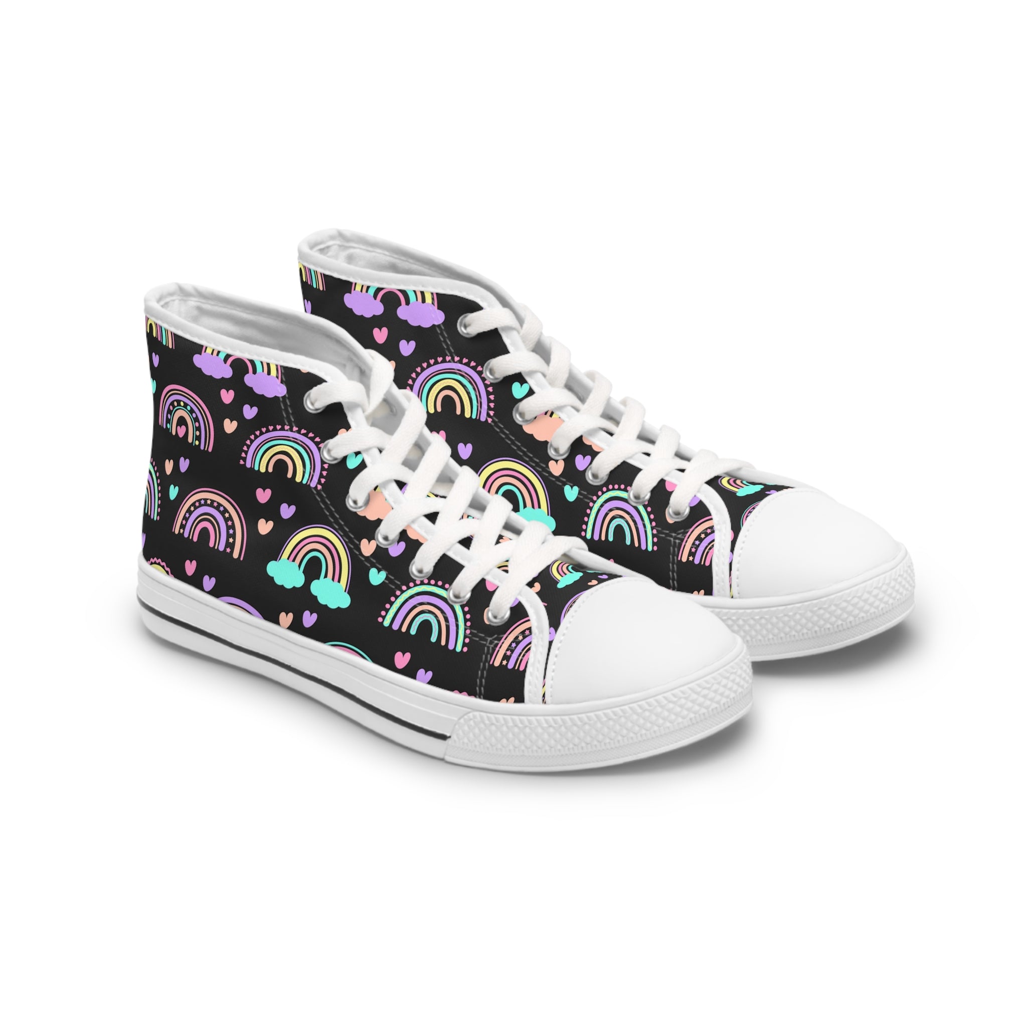 Womens High Top Canvas Sneakers With Colorful Rainbow And Heart Print Fun Vibrant Jqosa