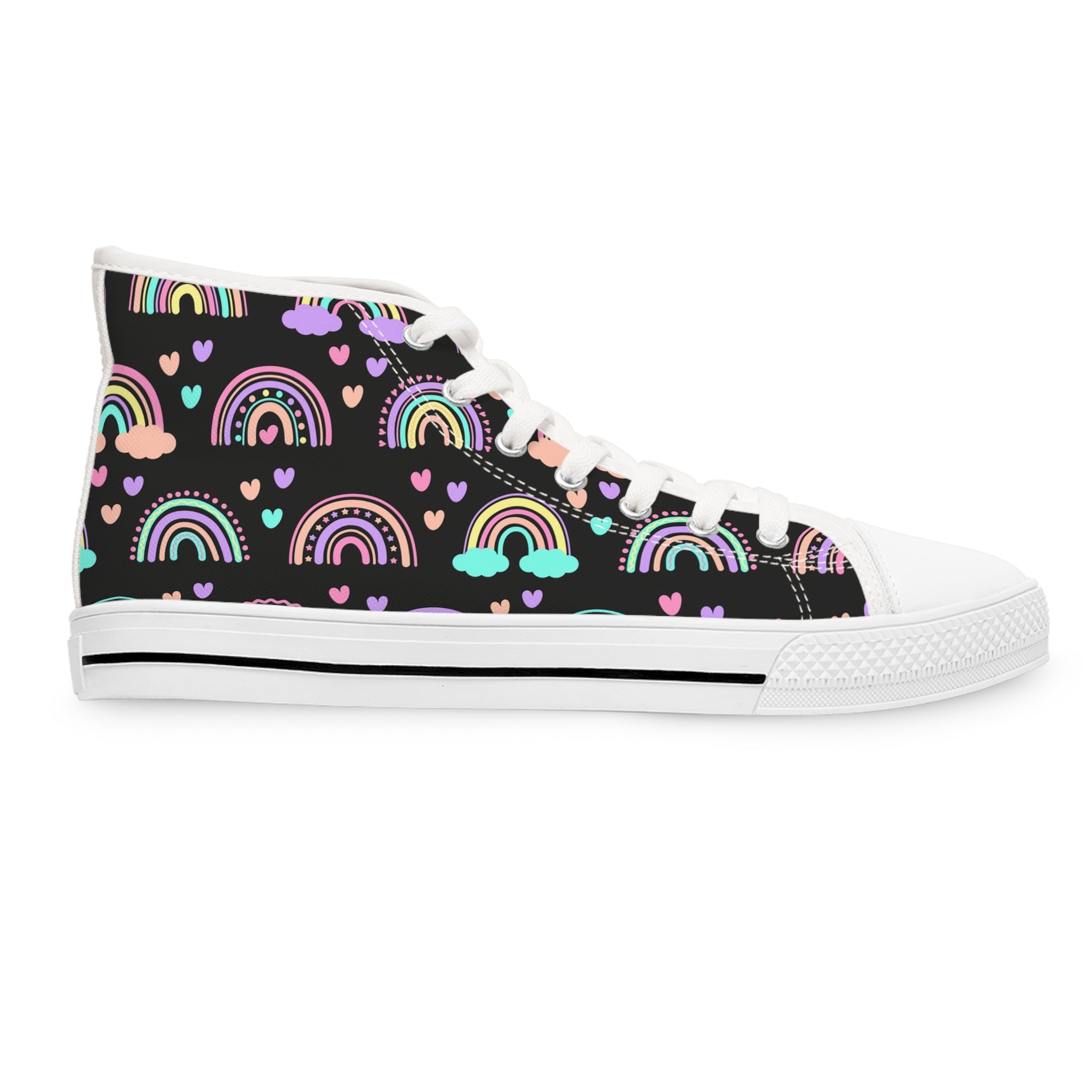 Women’s High-Top Canvas Sneakers with Colorful Rainbow and Heart Print – Fun & Vibrant