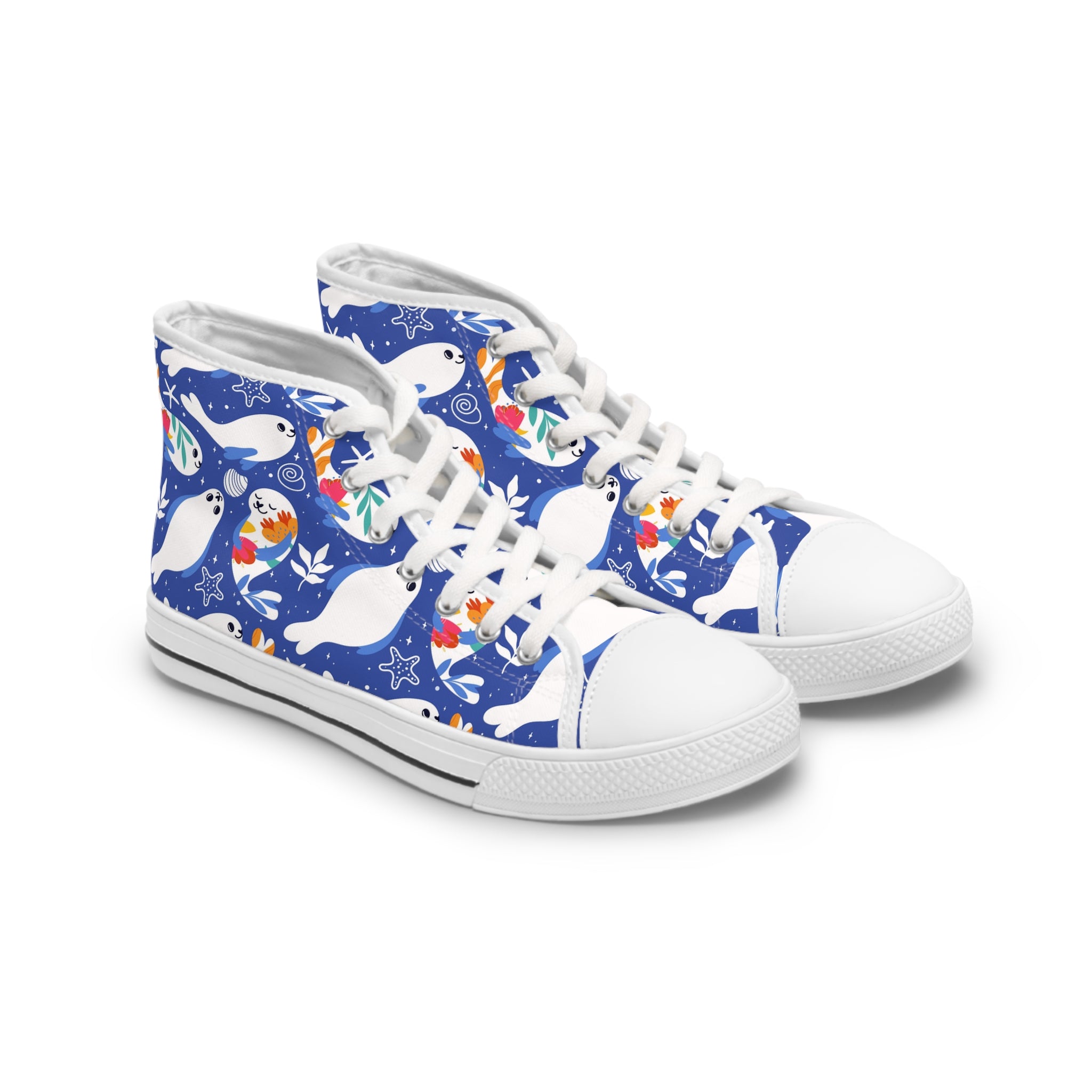 Womens High Top Canvas Sneakers With Sealife Print Ocean Inspired Whimsical Imccl