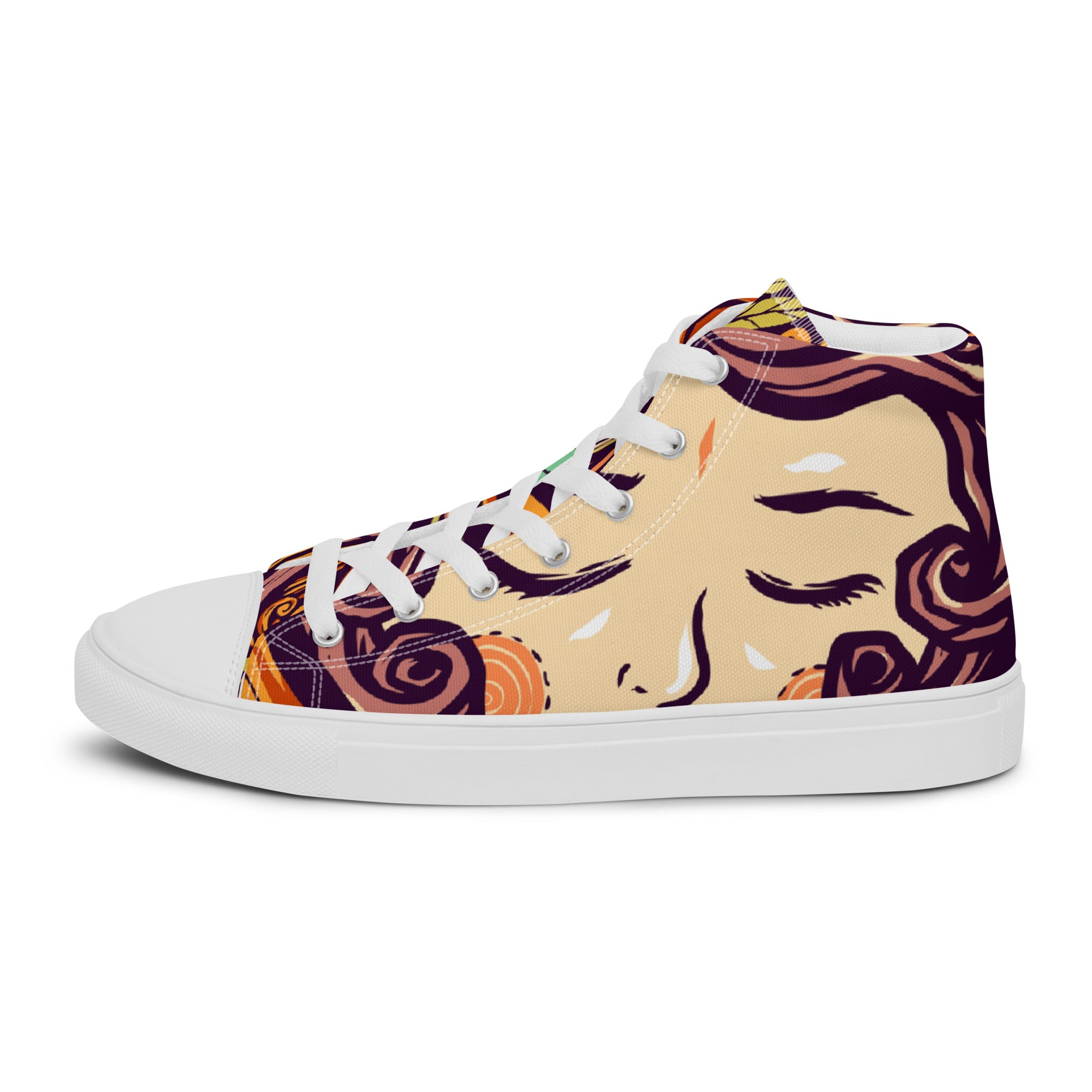 Women’s High-Top Sneakers – Artistic Face Illustration, Unique Canvas Shoes