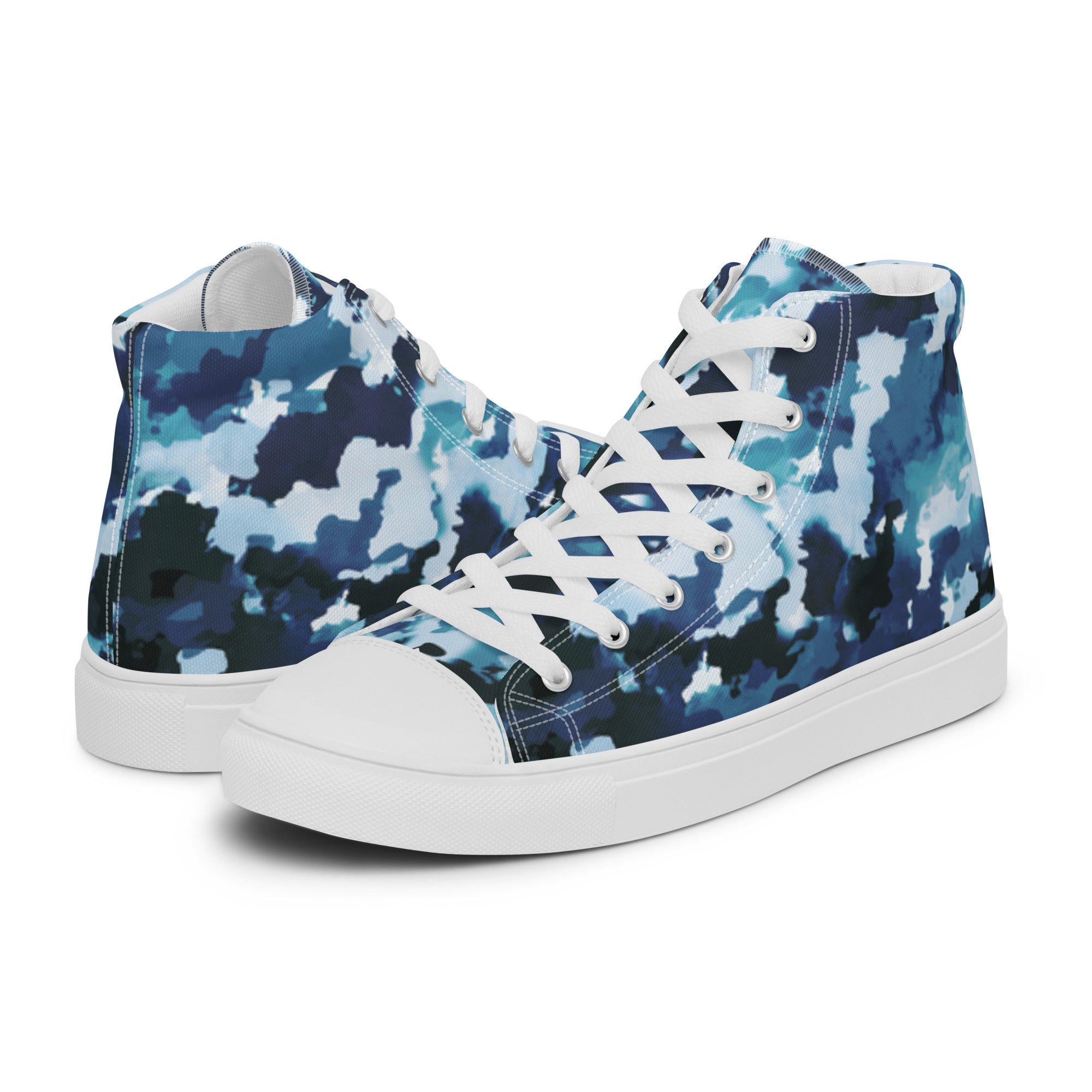 Womens High Top Sneakers Blue Camo Print Modern Canvas Shoes Vevdc