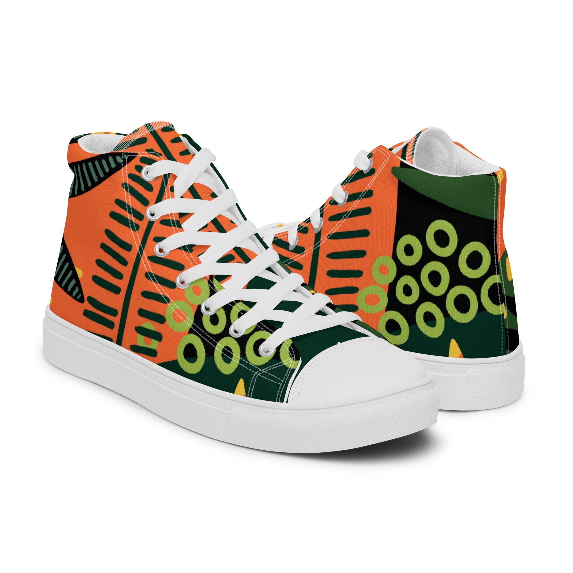 Women’s High-Top Sneakers – Bold Tribal Print, Vibrant Canvas Shoes