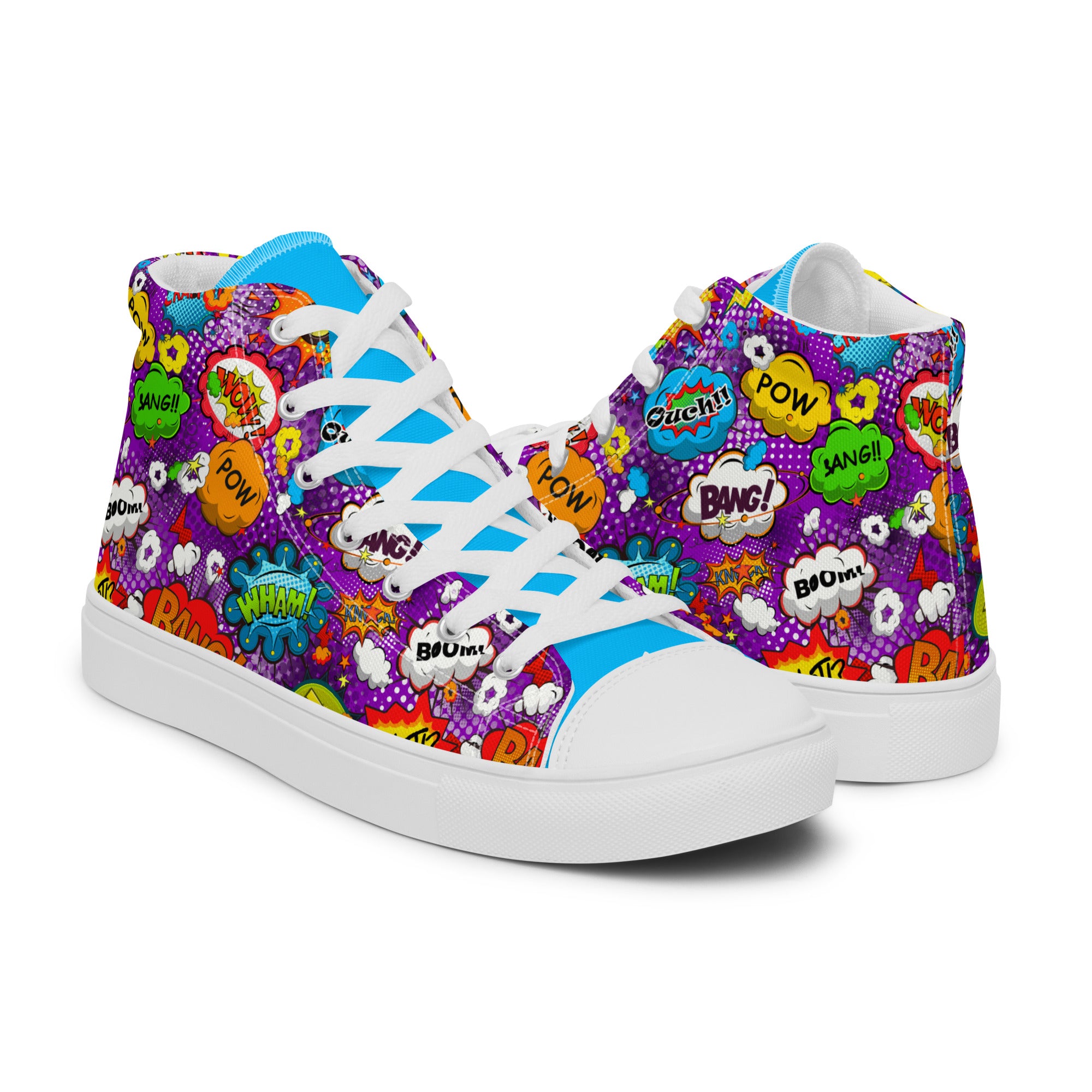 Women’s High-Top Sneakers – Comic Pop Art Print, Colorful Canvas Shoes