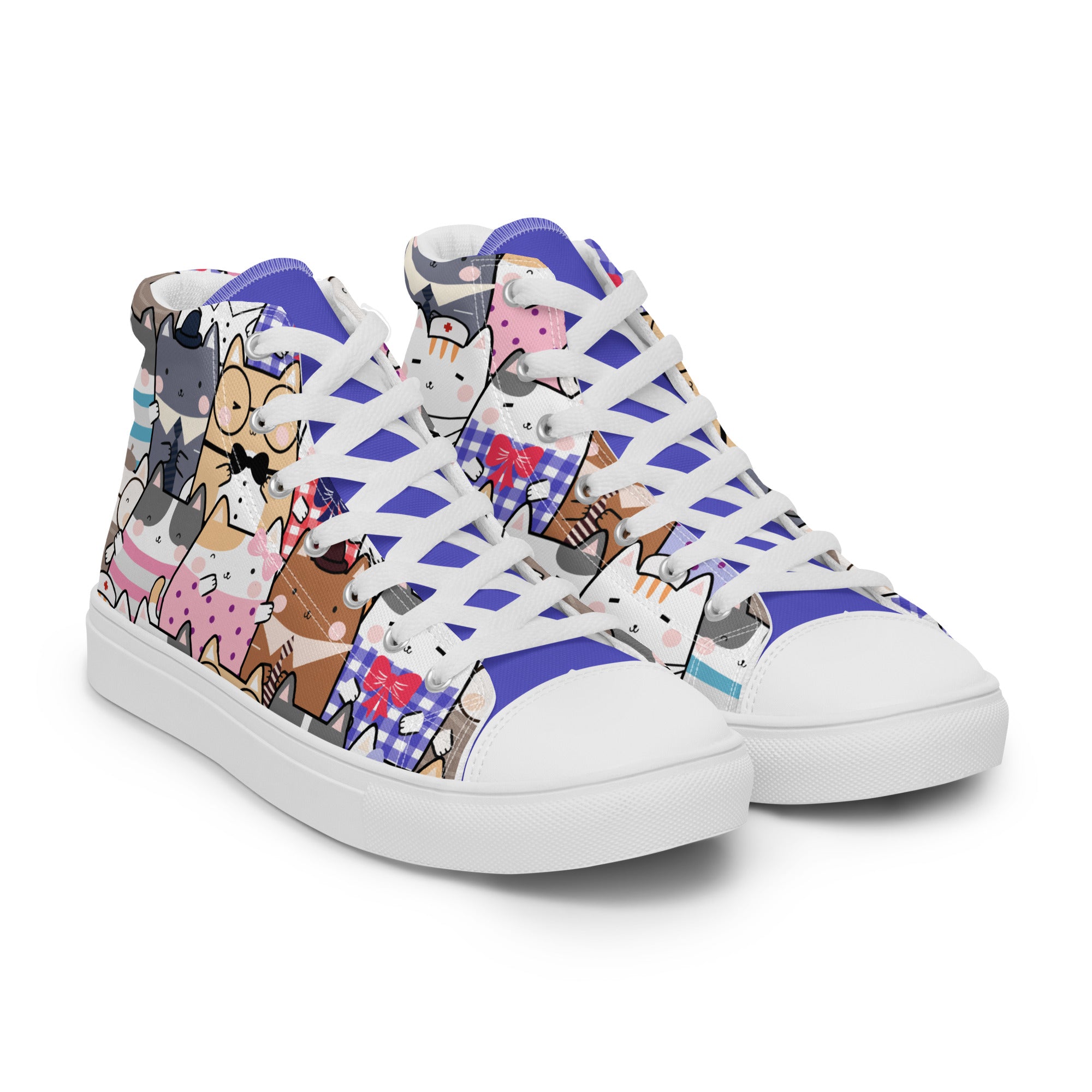 Women’s High-Top Sneakers – Cute Cat Character Print, Playful Canvas Shoes