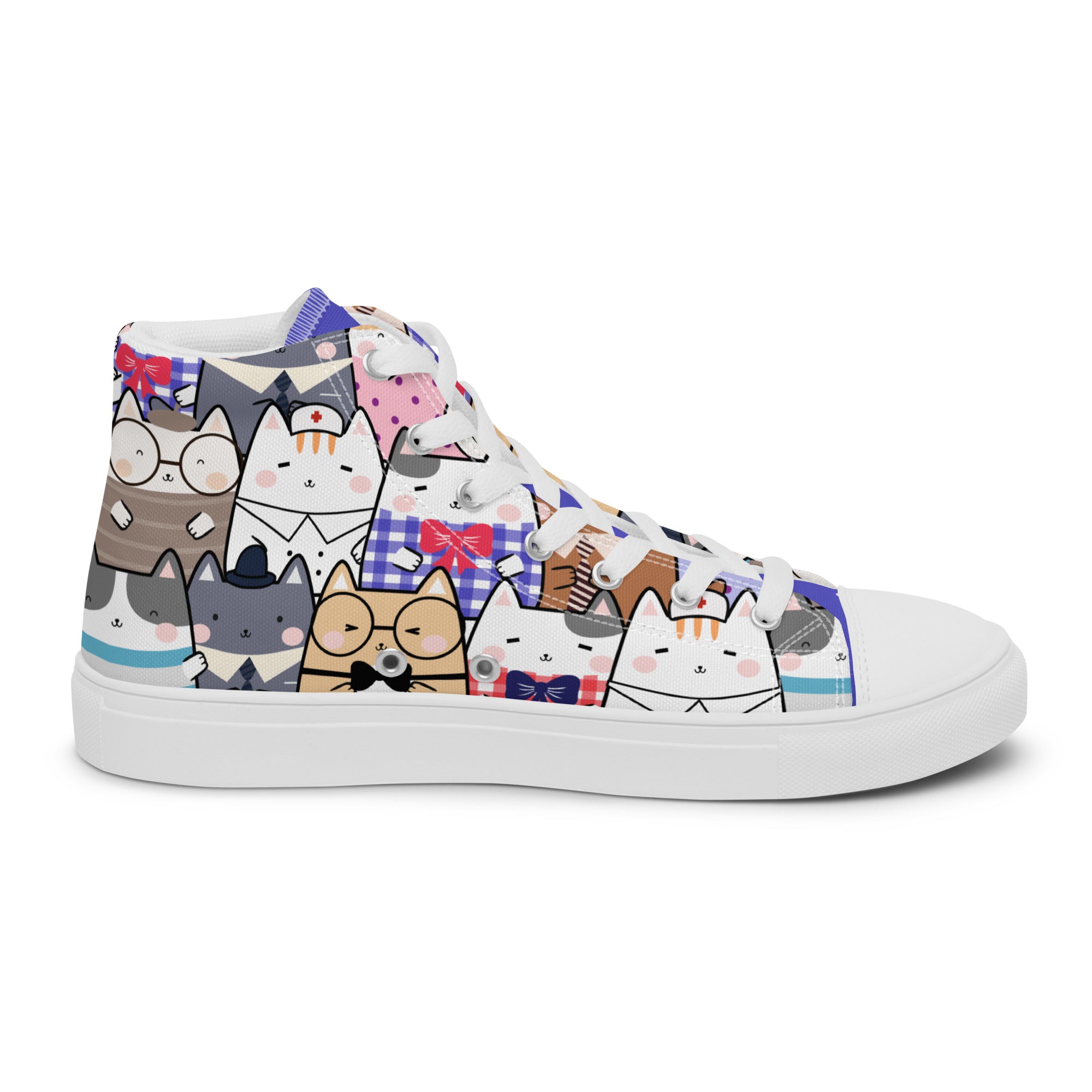 Women’s High-Top Sneakers – Cute Cat Character Print, Playful Canvas Shoes