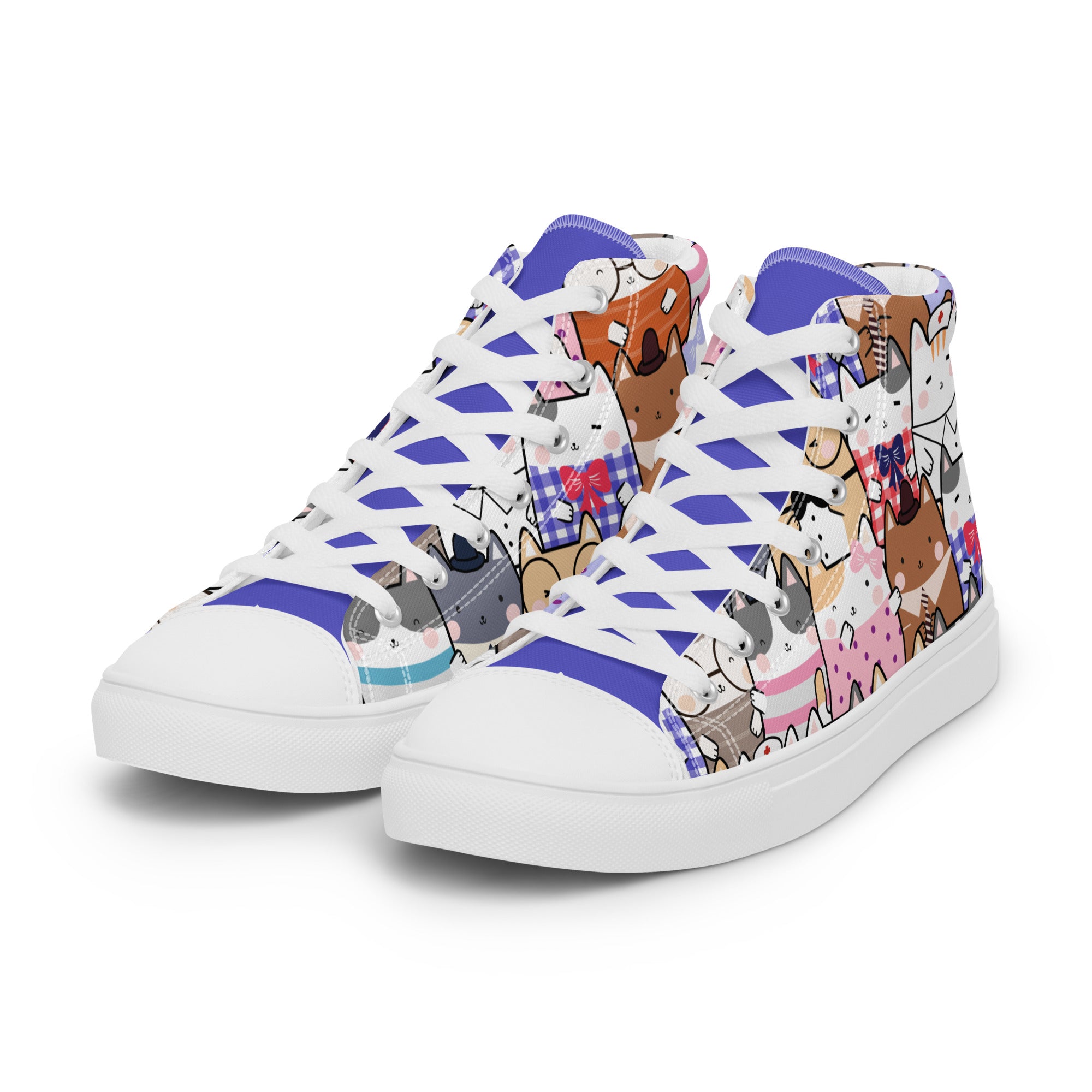 Women’s High-Top Sneakers – Cute Cat Character Print, Playful Canvas Shoes