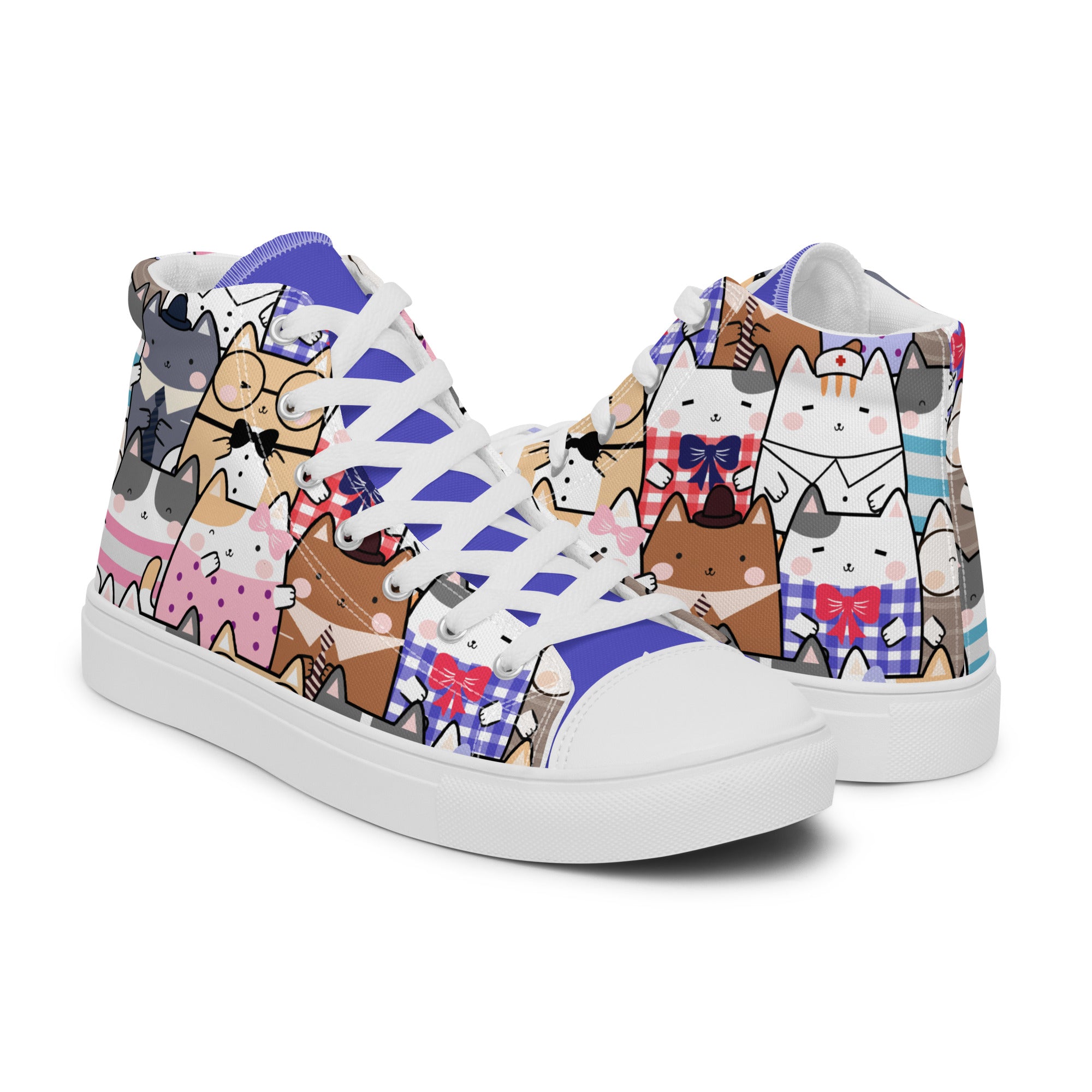 Women’s High-Top Sneakers – Cute Cat Character Print, Playful Canvas Shoes