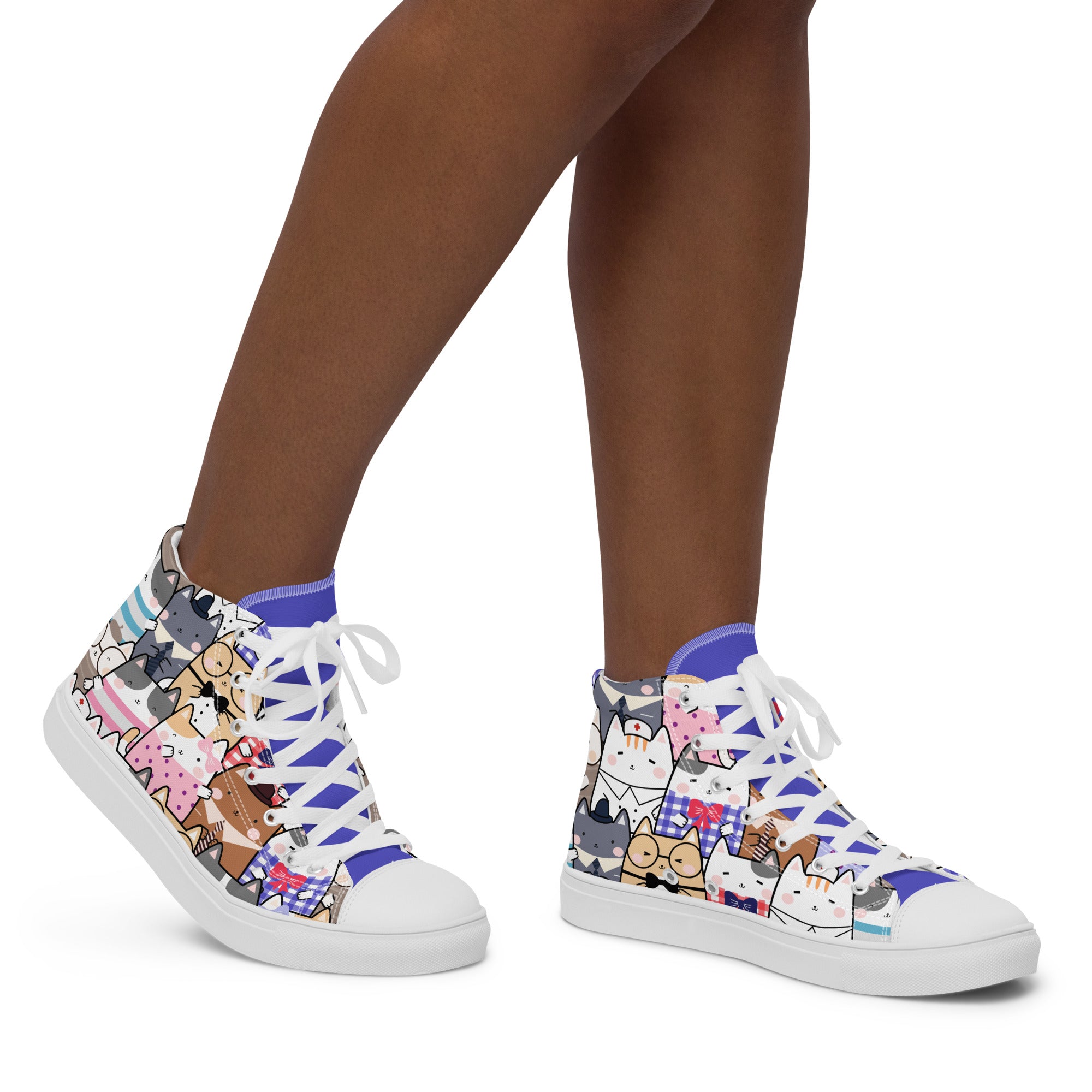 Women’s High-Top Sneakers – Cute Cat Character Print, Playful Canvas Shoes