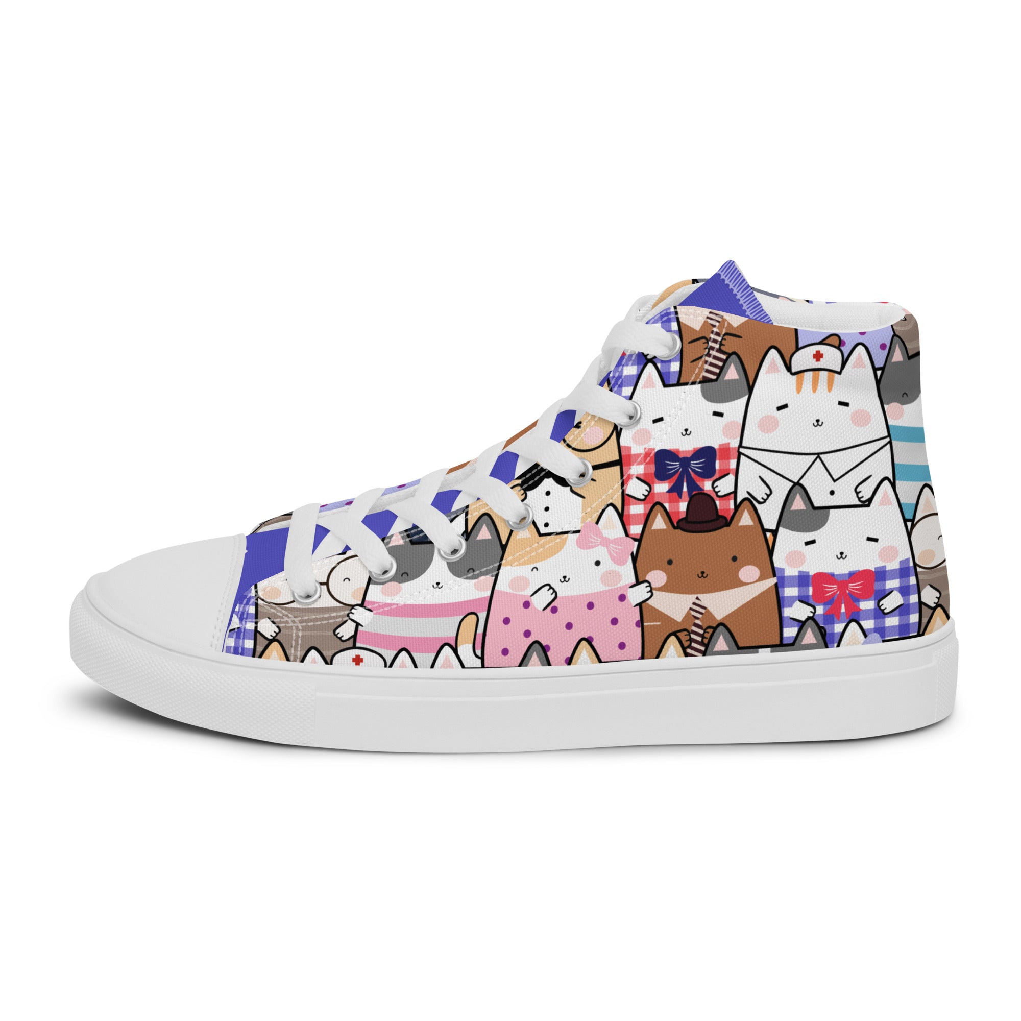 Women’s High-Top Sneakers – Cute Cat Character Print, Playful Canvas Shoes