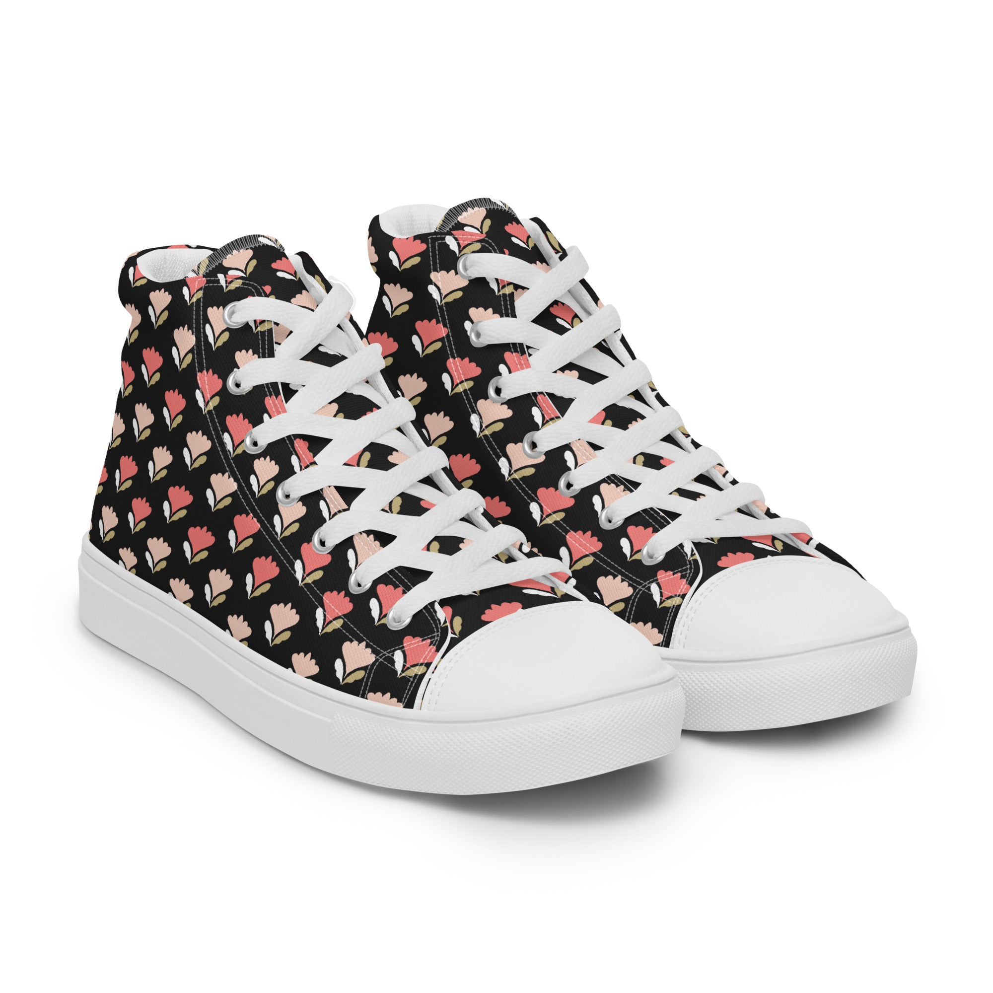 Women’s High-Top Sneakers – Floral Heart Pattern, Chic Canvas Shoes