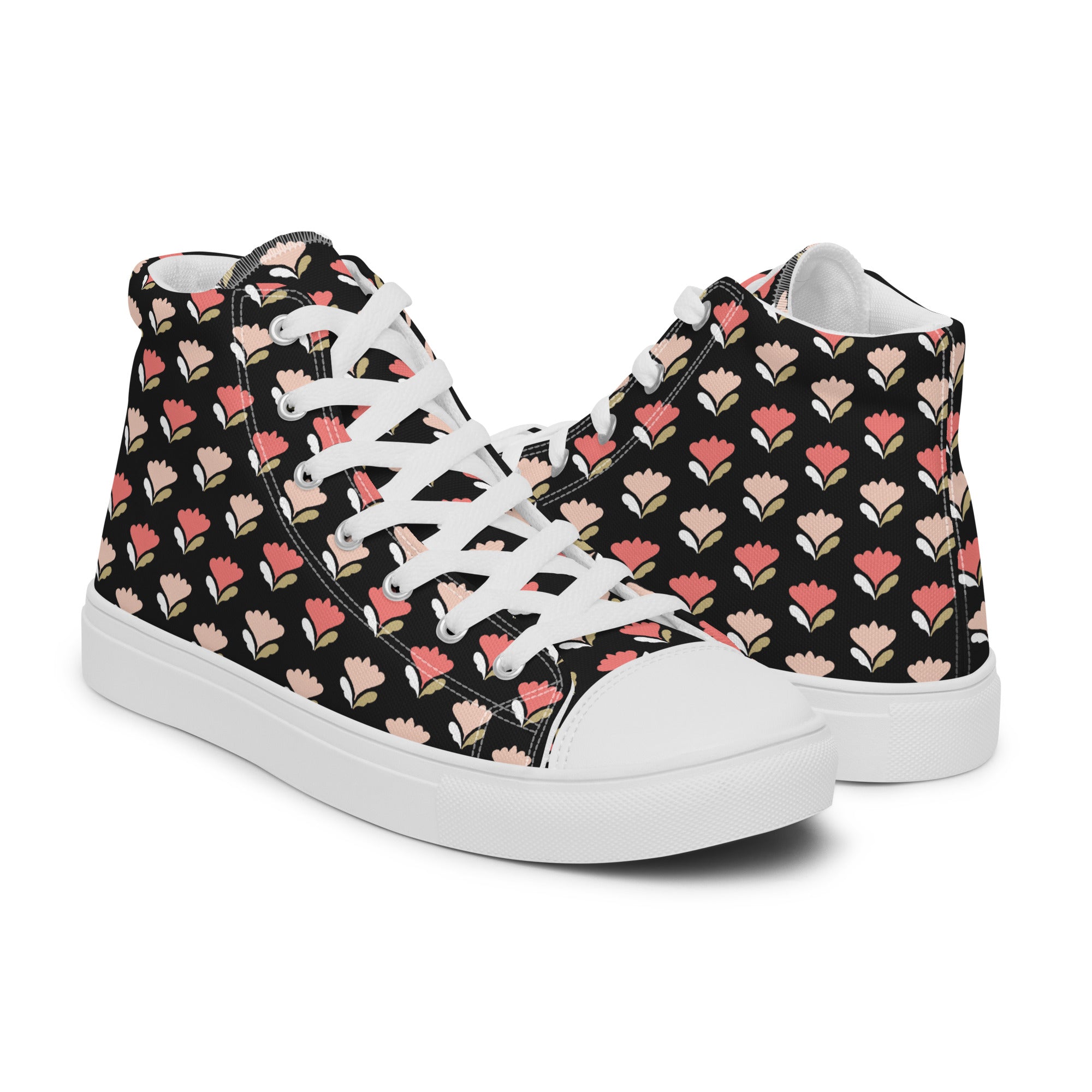 Women’s High-Top Sneakers – Floral Heart Pattern, Chic Canvas Shoes