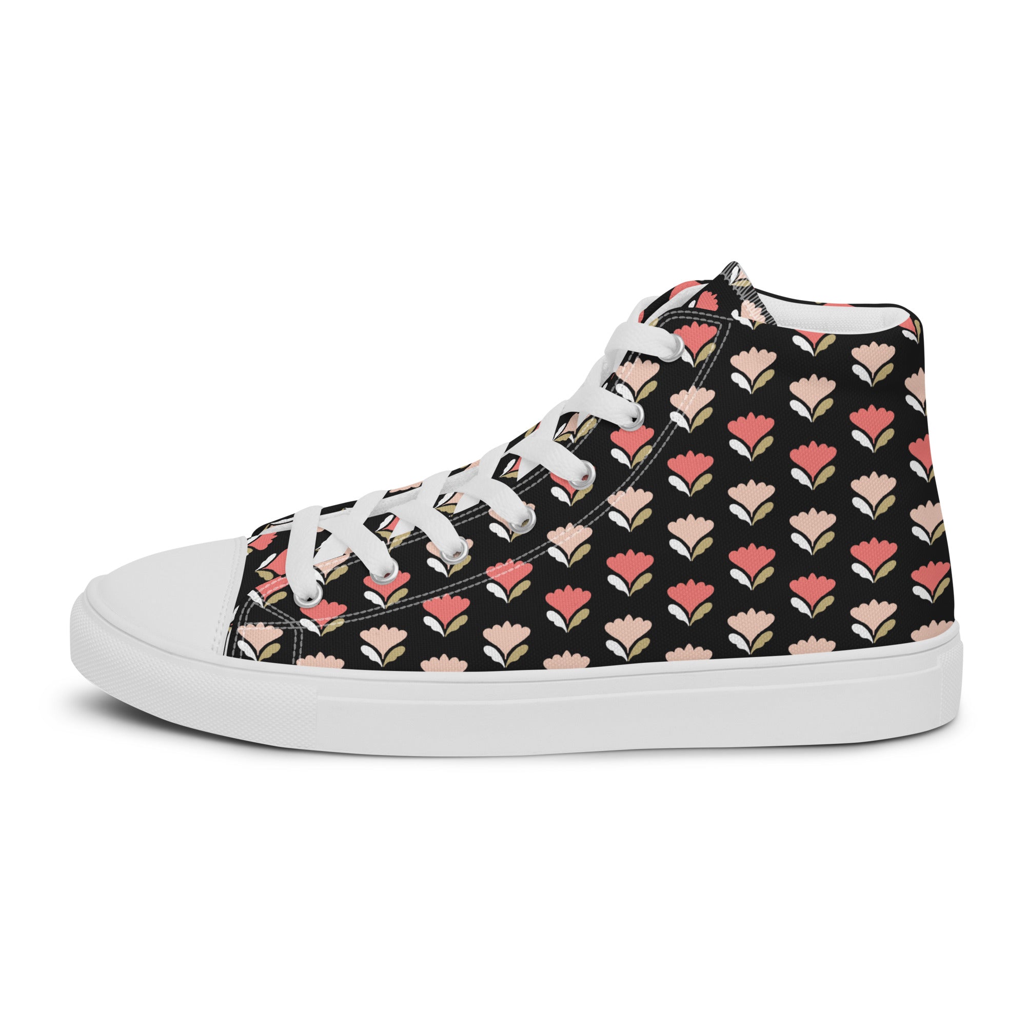 Women’s High-Top Sneakers – Floral Heart Pattern, Chic Canvas Shoes