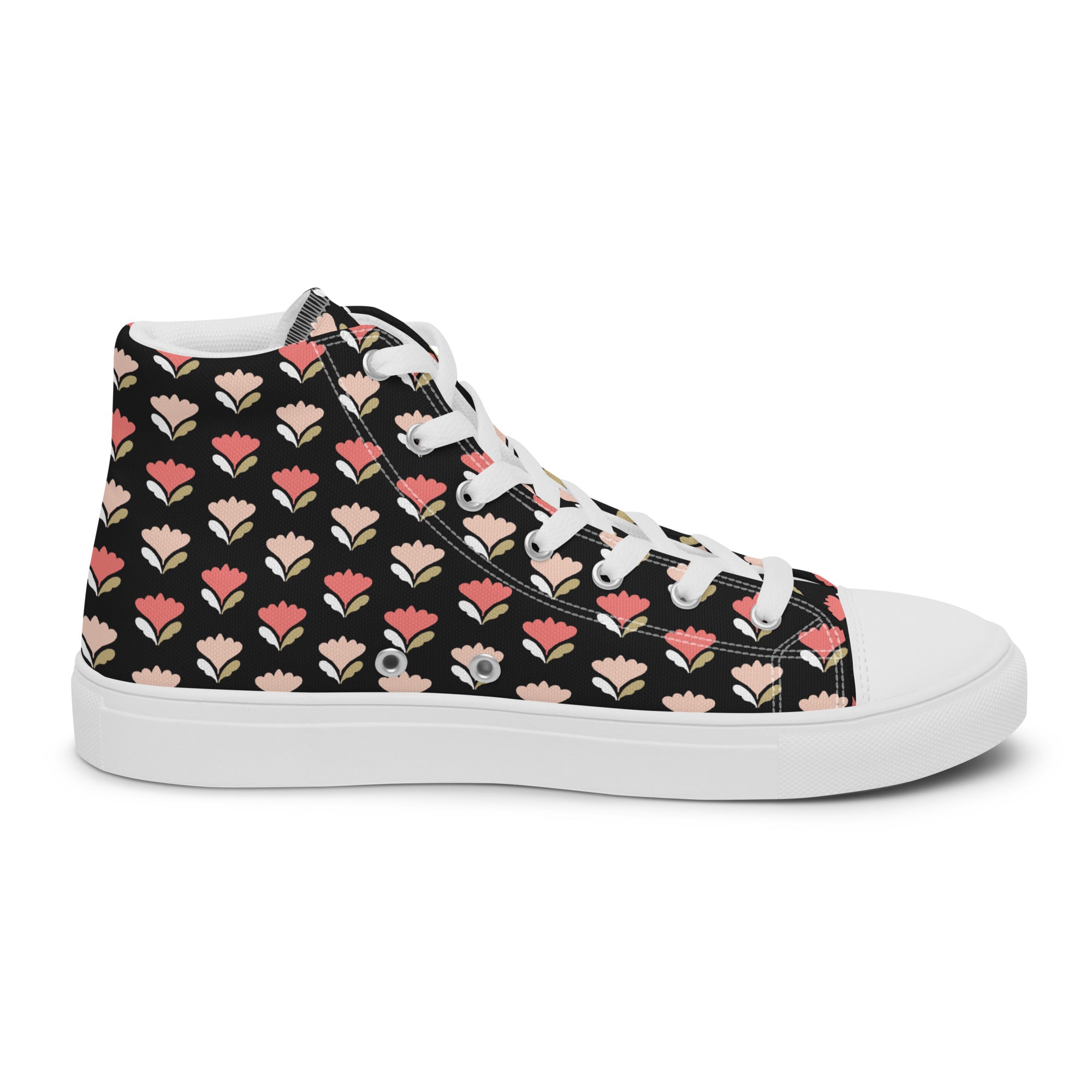 Women’s High-Top Sneakers – Floral Heart Pattern, Chic Canvas Shoes