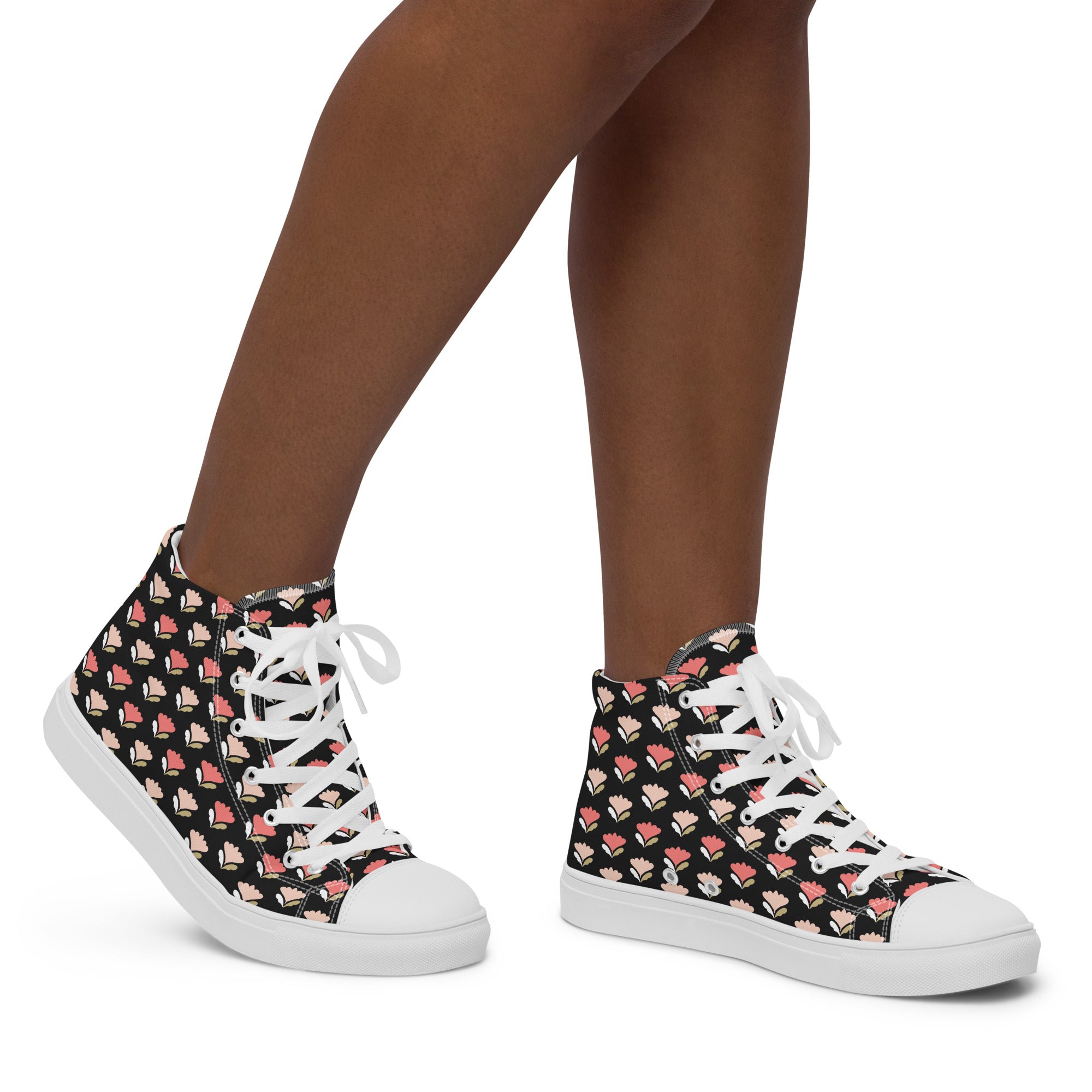 Women’s High-Top Sneakers – Floral Heart Pattern, Chic Canvas Shoes