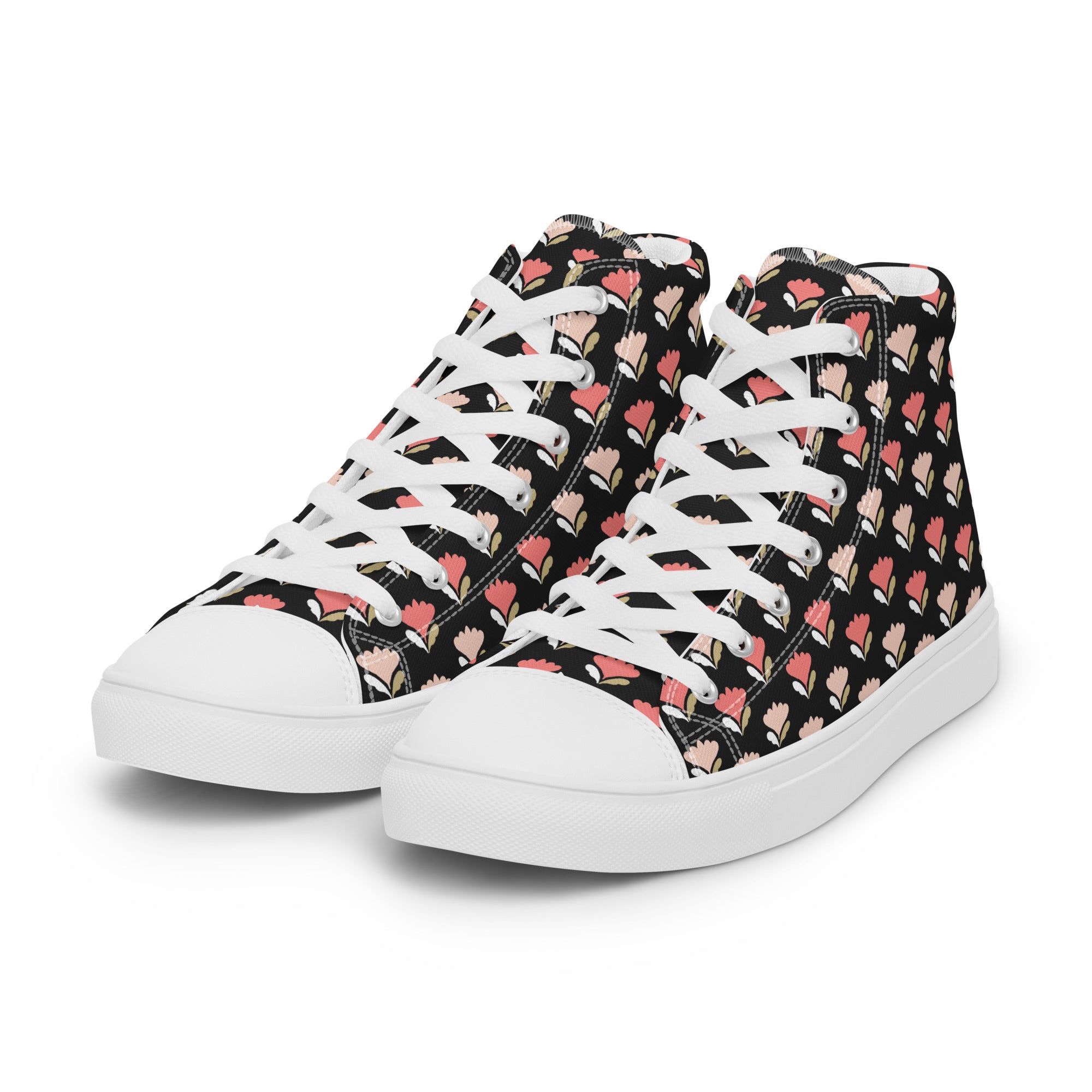 Women’s High-Top Sneakers – Floral Heart Pattern, Chic Canvas Shoes