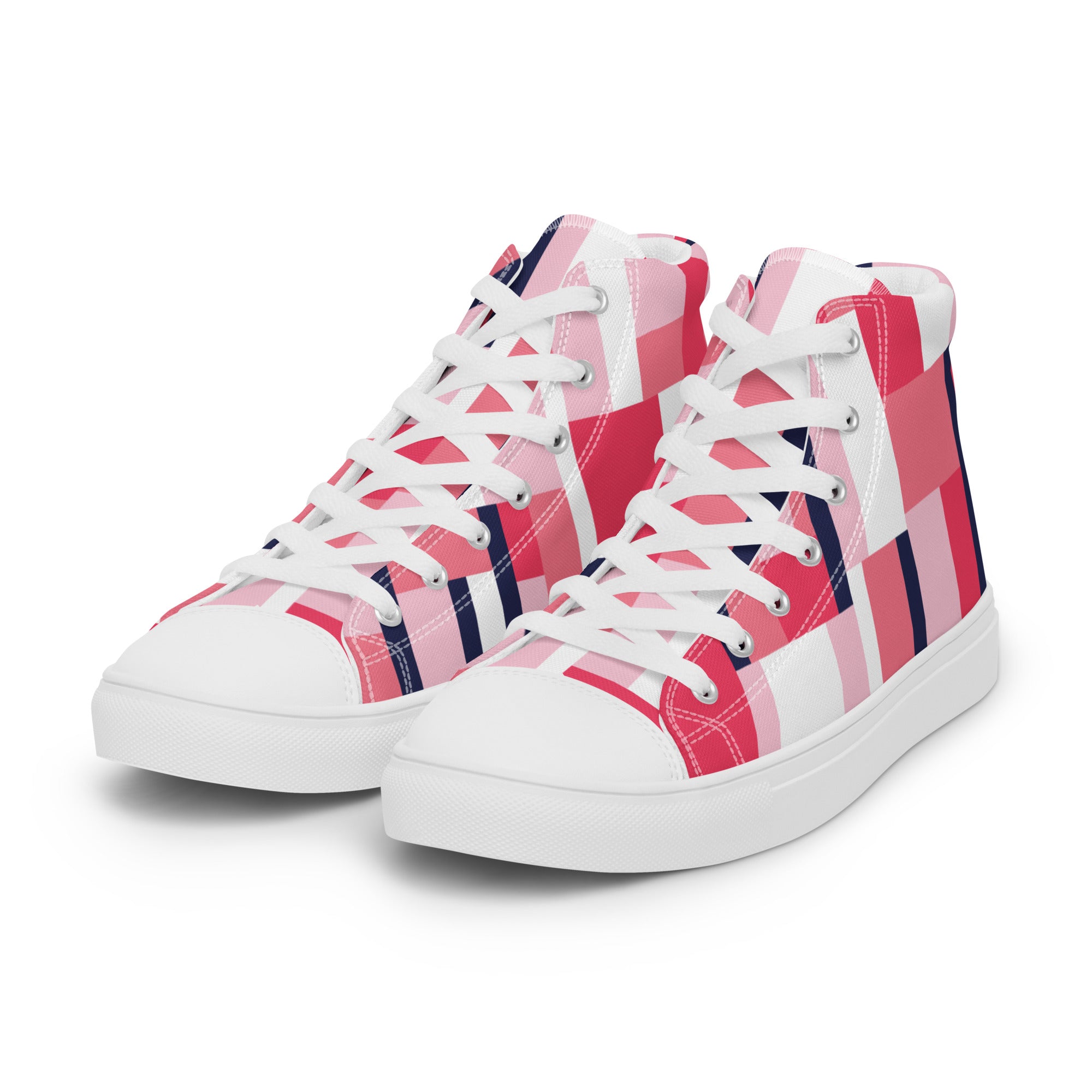 Women’s High-Top Sneakers – Geometric Block Pattern, Modern Canvas Shoes