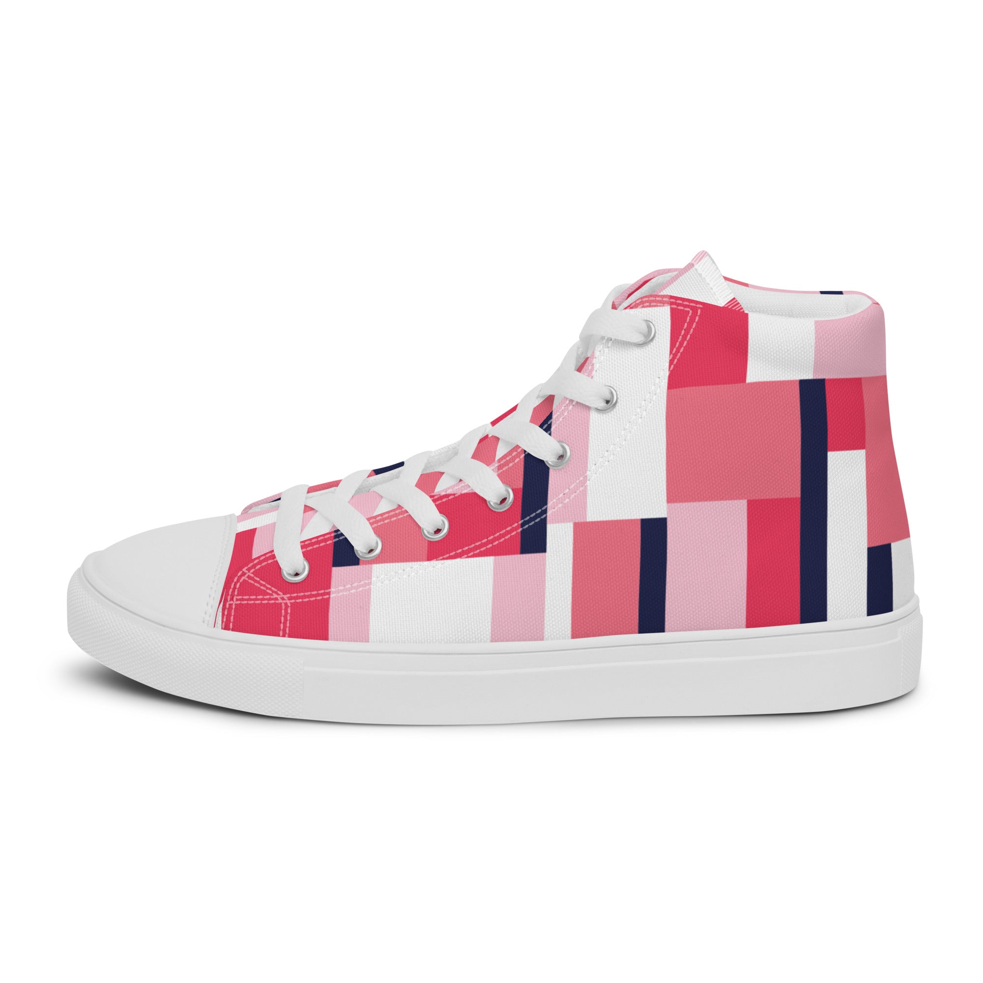 Women’s High-Top Sneakers – Geometric Block Pattern, Modern Canvas Shoes