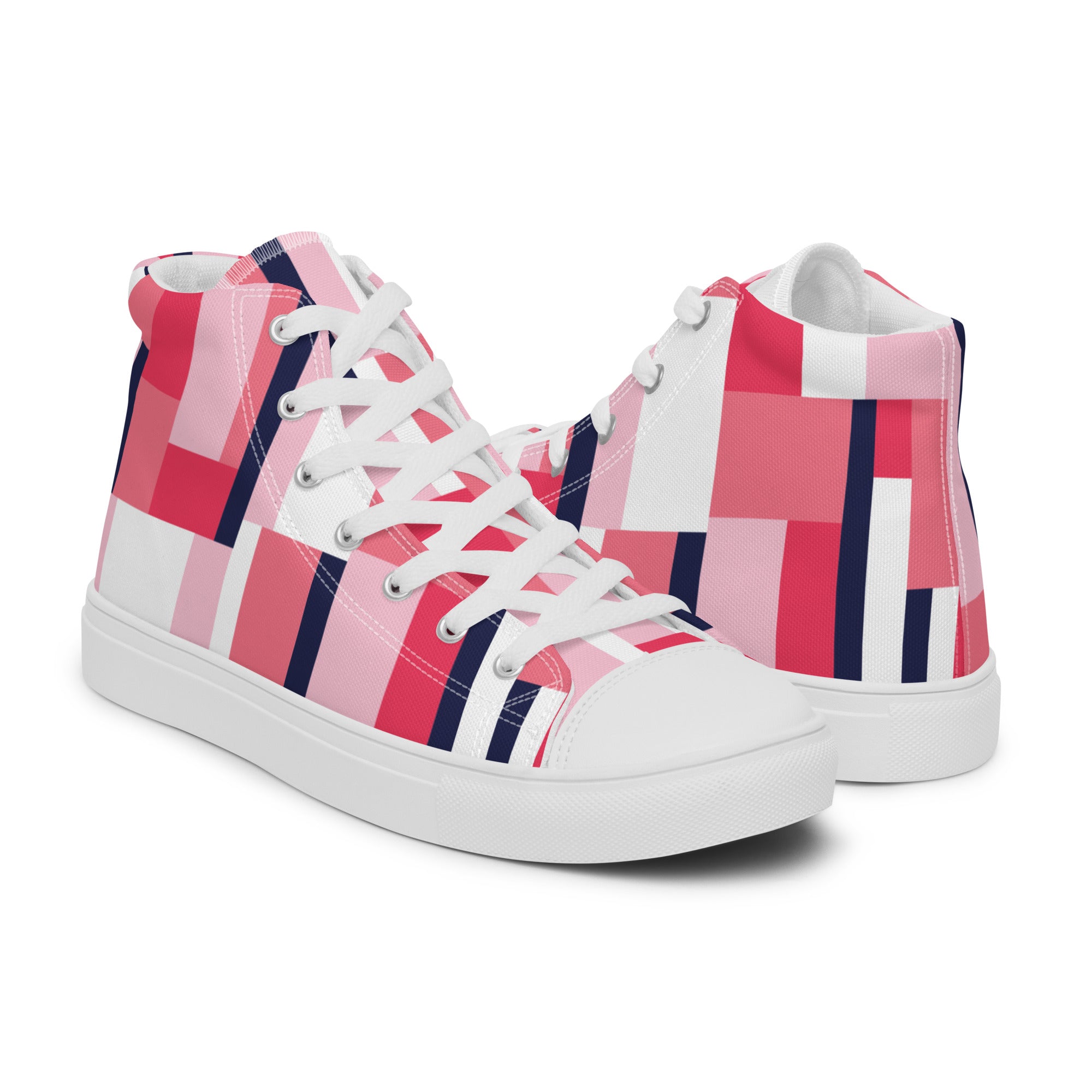 Women’s High-Top Sneakers – Geometric Block Pattern, Modern Canvas Shoes