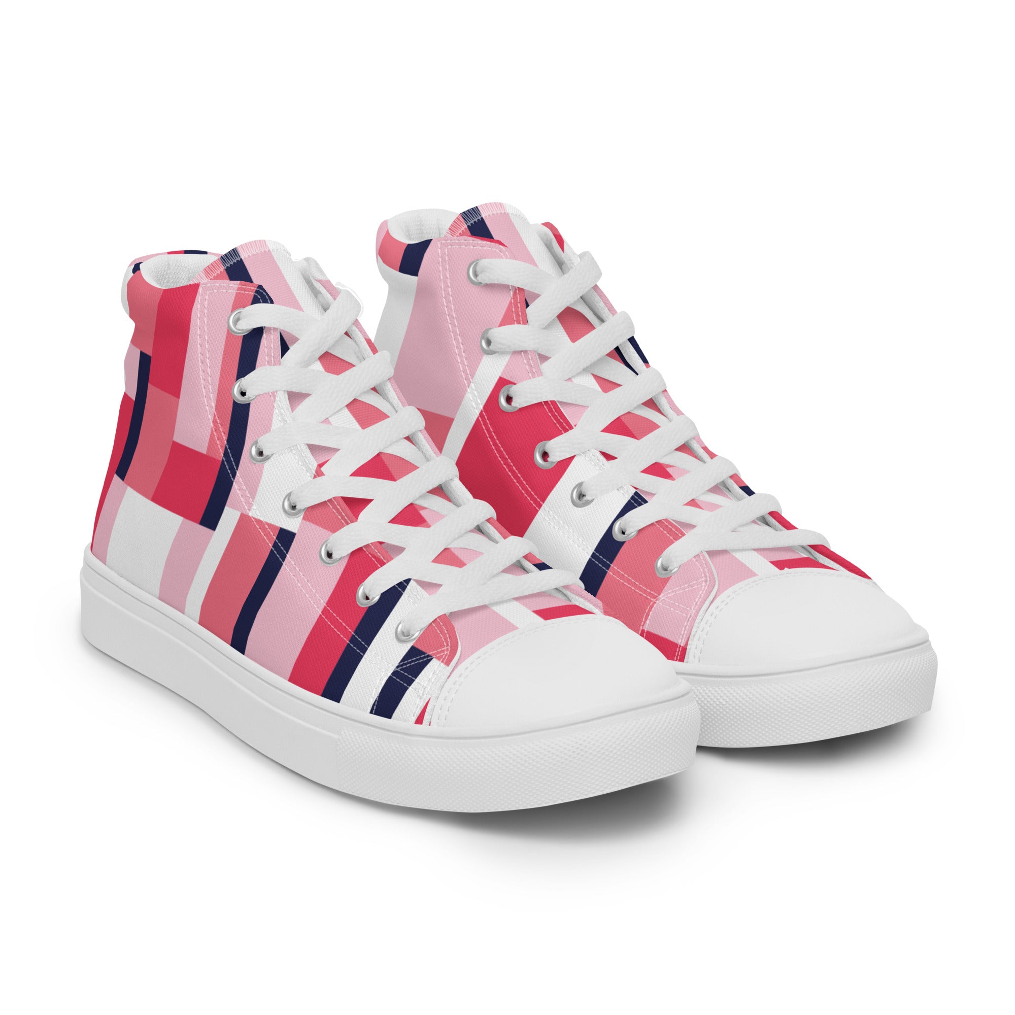 Women’s High-Top Sneakers – Geometric Block Pattern, Modern Canvas Shoes