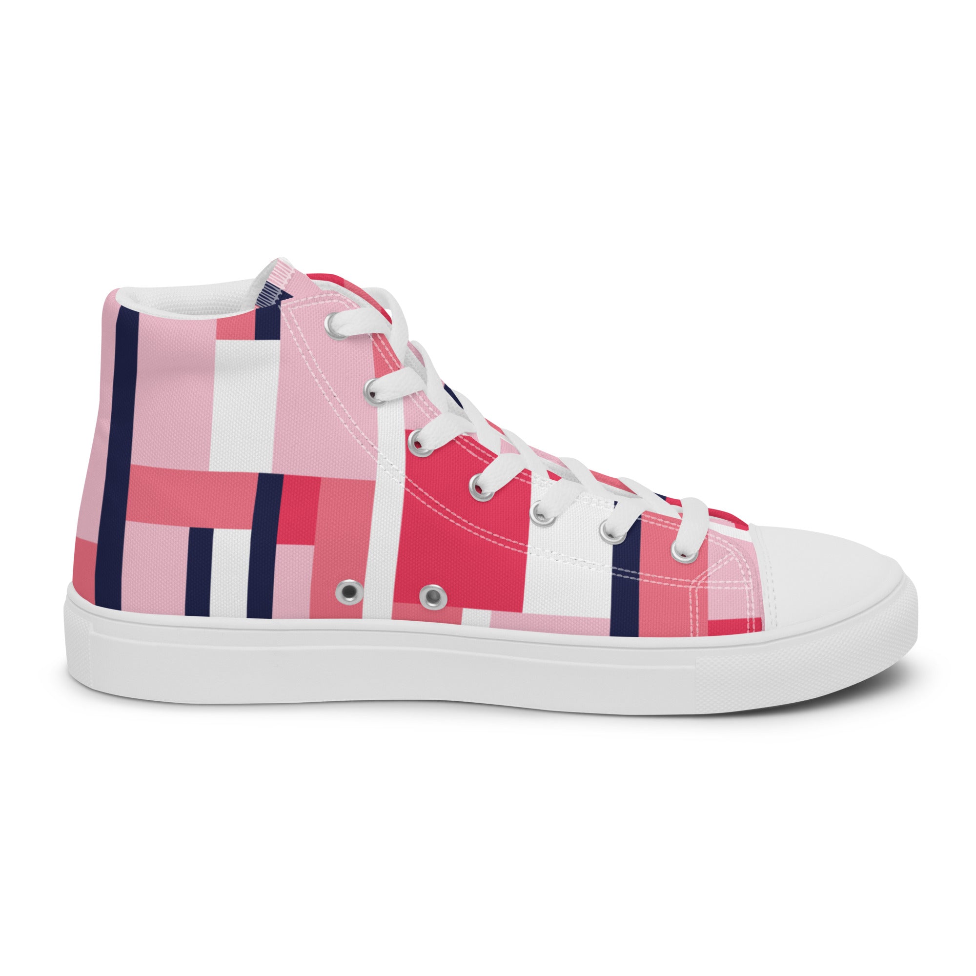 Women’s High-Top Sneakers – Geometric Block Pattern, Modern Canvas Shoes