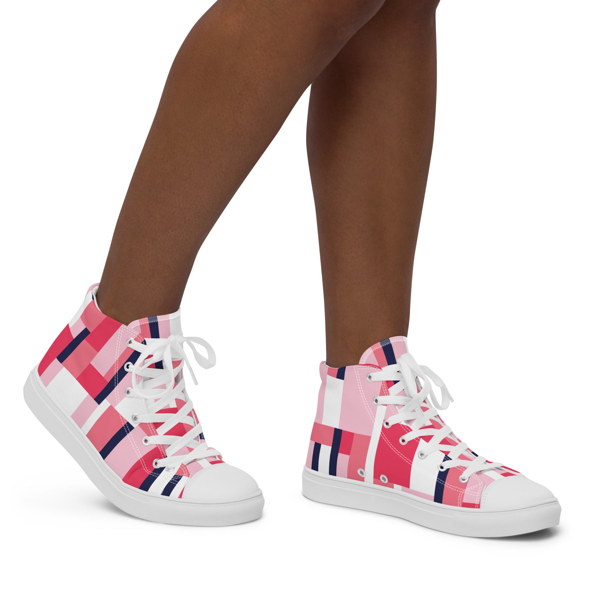 Women’s High-Top Sneakers – Geometric Block Pattern, Modern Canvas Shoes