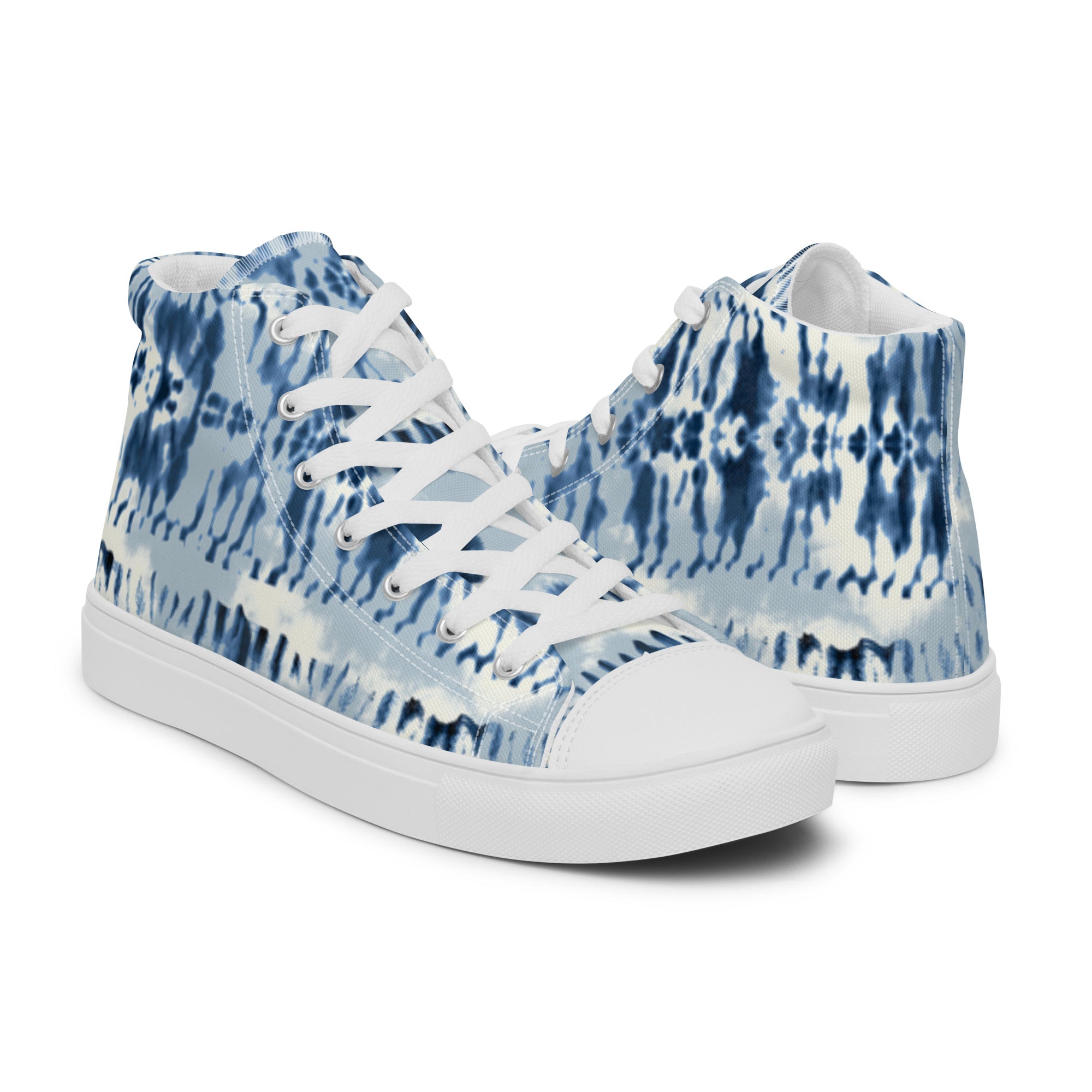 Women’s High-Top Sneakers – Indigo Tie-Dye Pattern, Retro Canvas Shoes