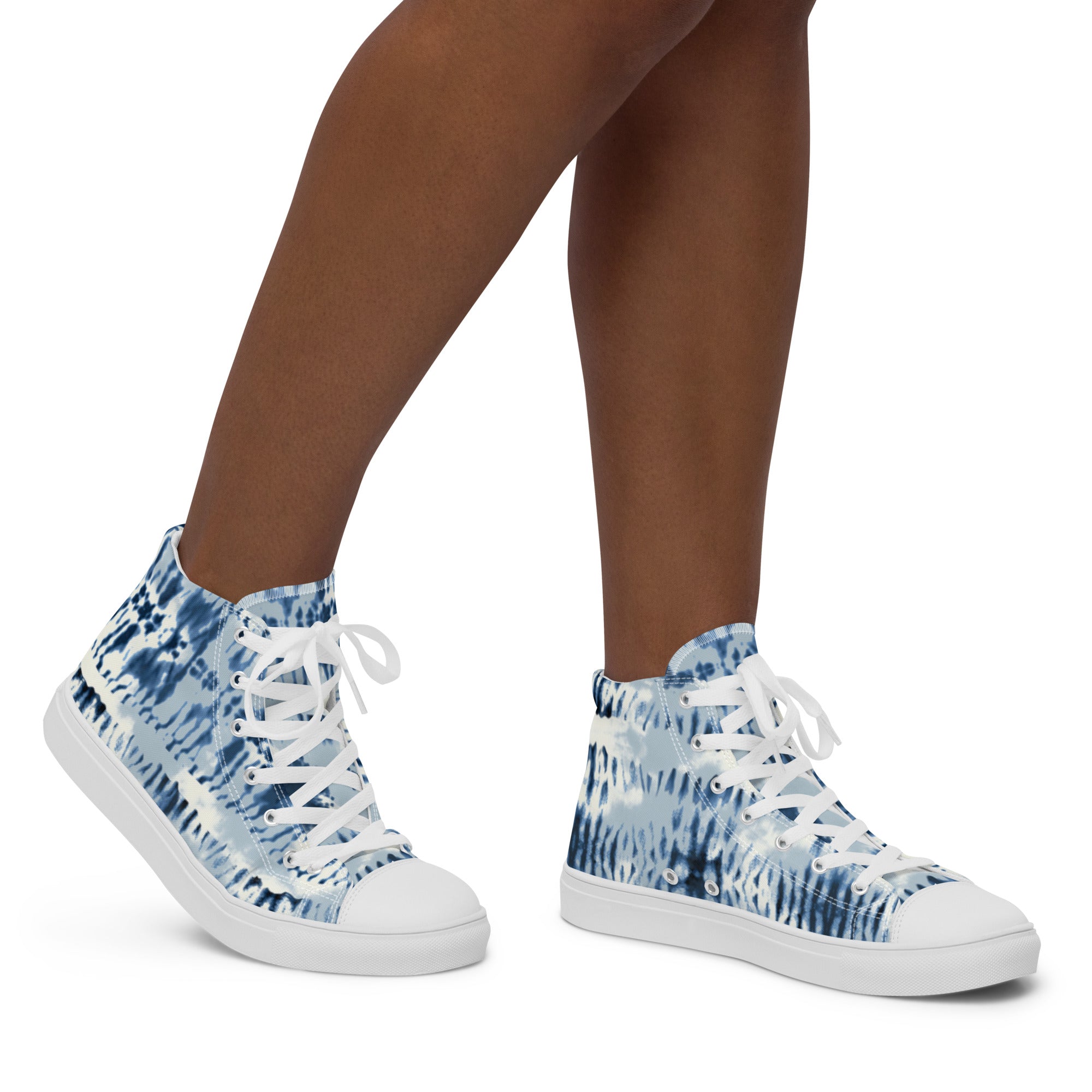 Women’s High-Top Sneakers – Indigo Tie-Dye Pattern, Retro Canvas Shoes